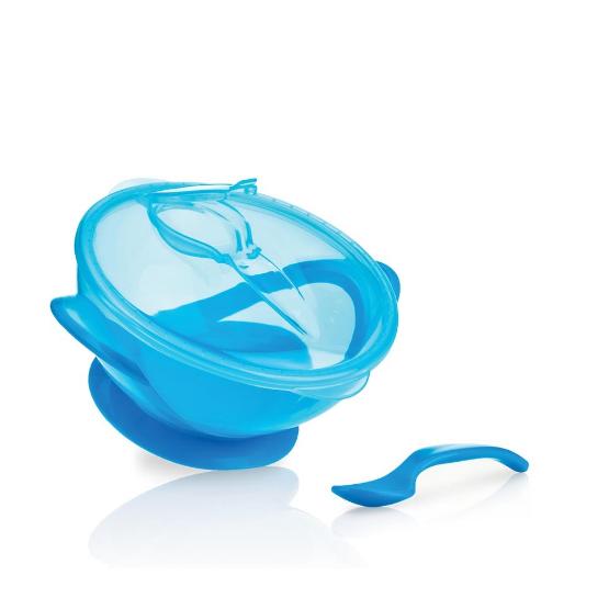 Bol pour bébé avec ventouse, cuillère et couvercle bleu 6m+ Nuby
