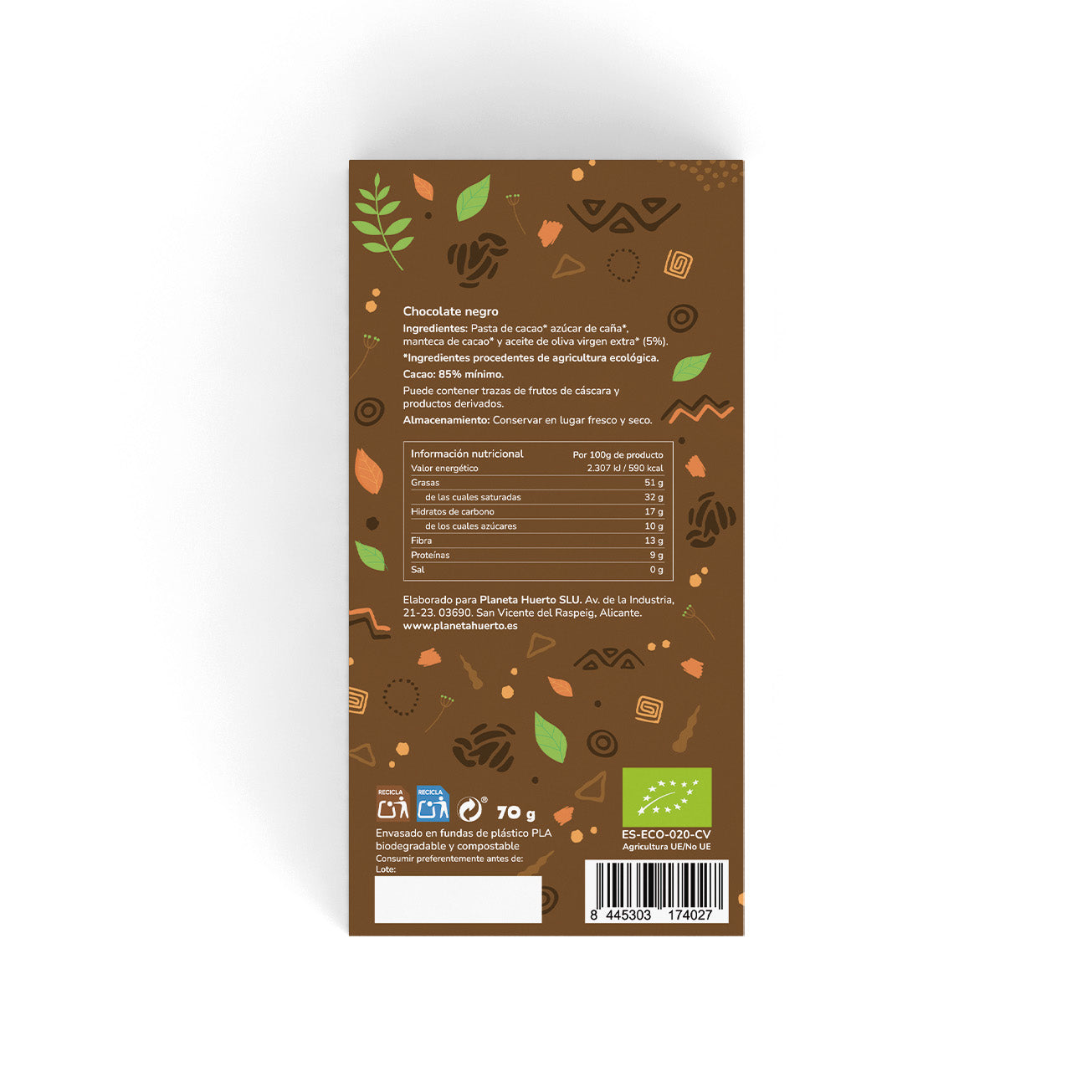 Dark chocolate bar 85% ECO Planeta Huerto 70 g
