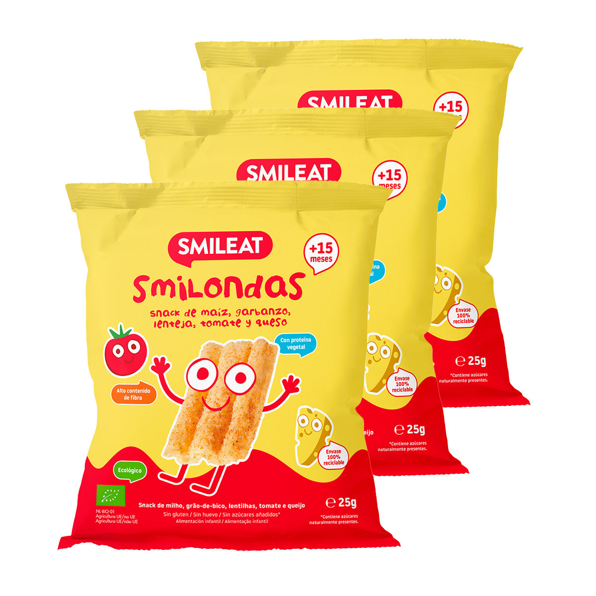 Pack 3x Smilondas Snack au maïs, pois chiches, lentilles, tomates et fromage bio, Smileat, 25 g