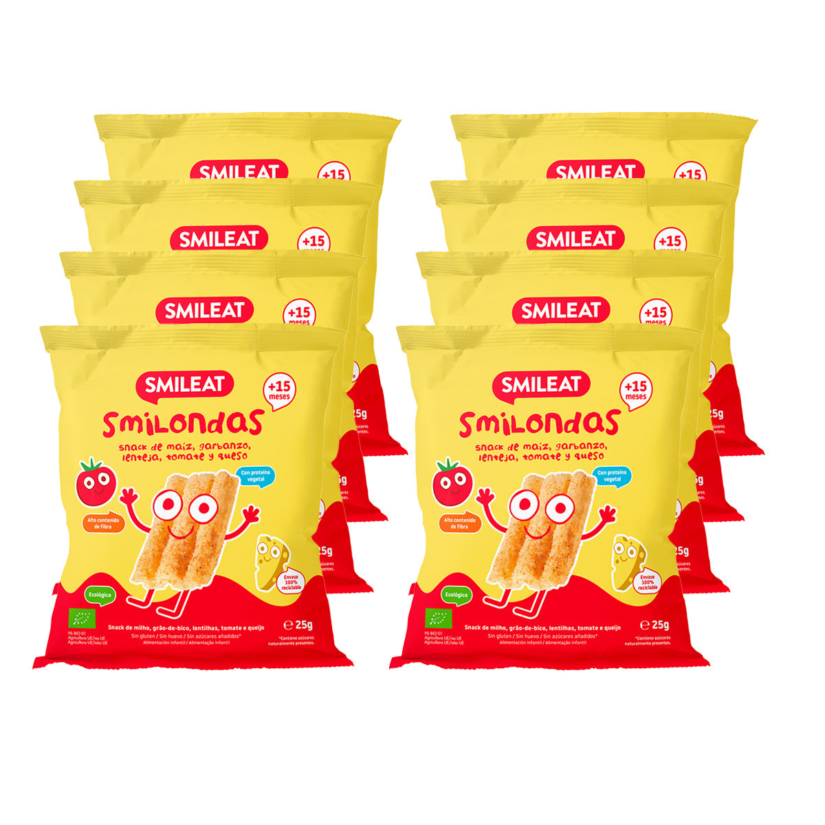 Pack 8x Smilondas Snack au maïs, pois chiches, lentilles, tomates et fromage bio, Smileat, 25 g