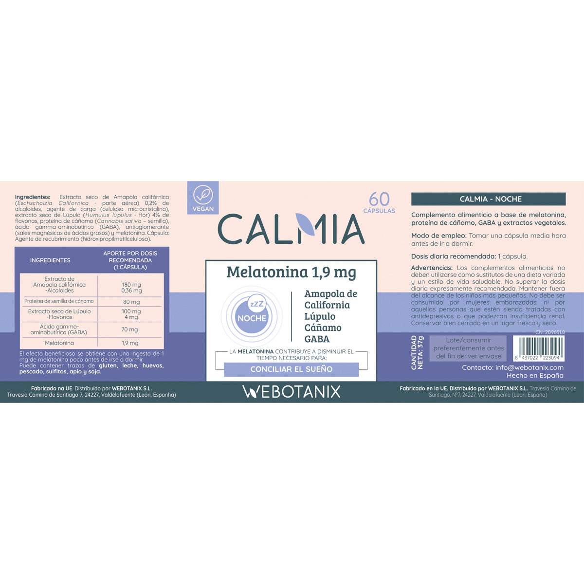 Calmia Noche Forte (5HTP+Mélatonine+ Magnésium, L-Théanine, Valériane) WEBOTANIX 60 gélules