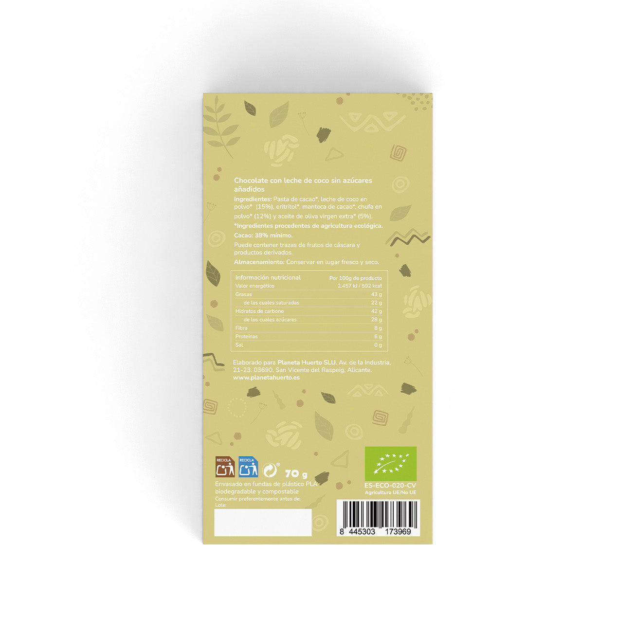 38% veganistische chocoladereep van kokosmelk zonder toegevoegde suikers ECO Planeta Huerto 70 g