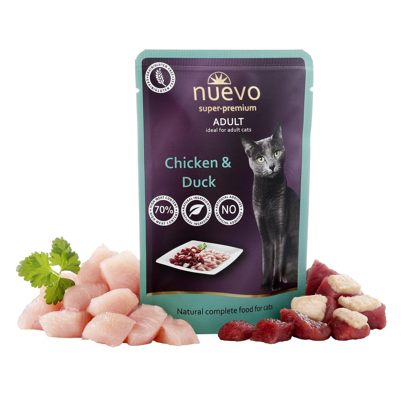 Neu Beutel für ausgewachsene Katzen Huhn und Ente 85 g
