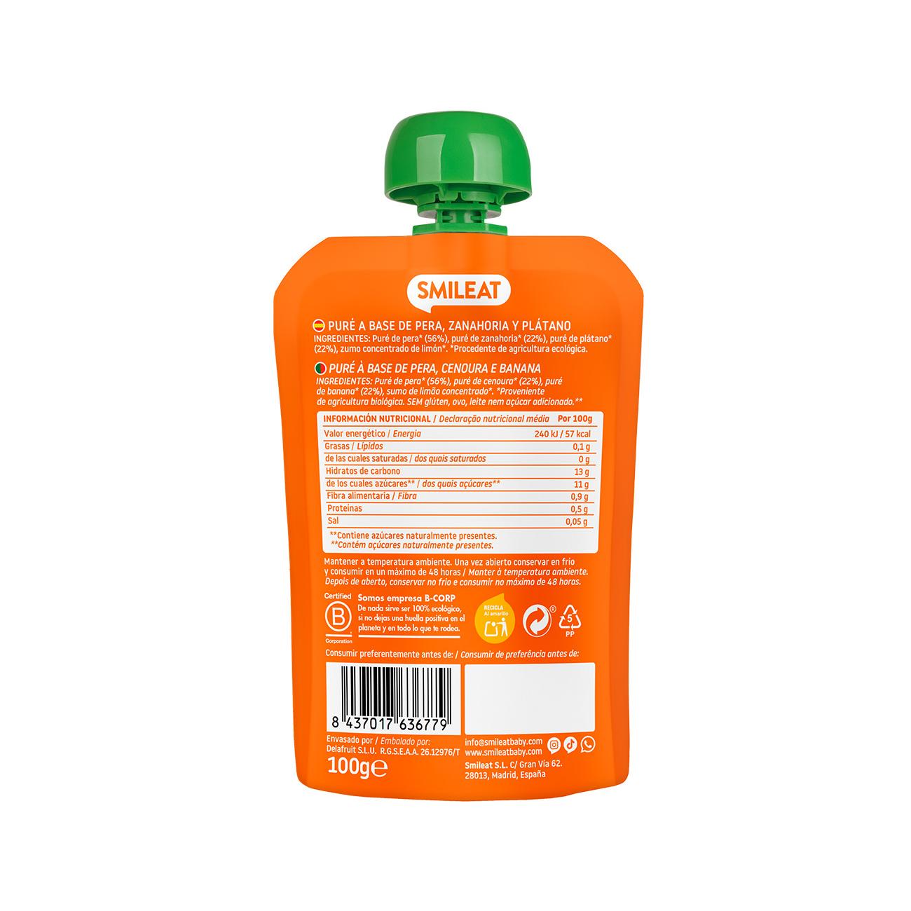 Pouch pera, banana e carota Smileat 100 g