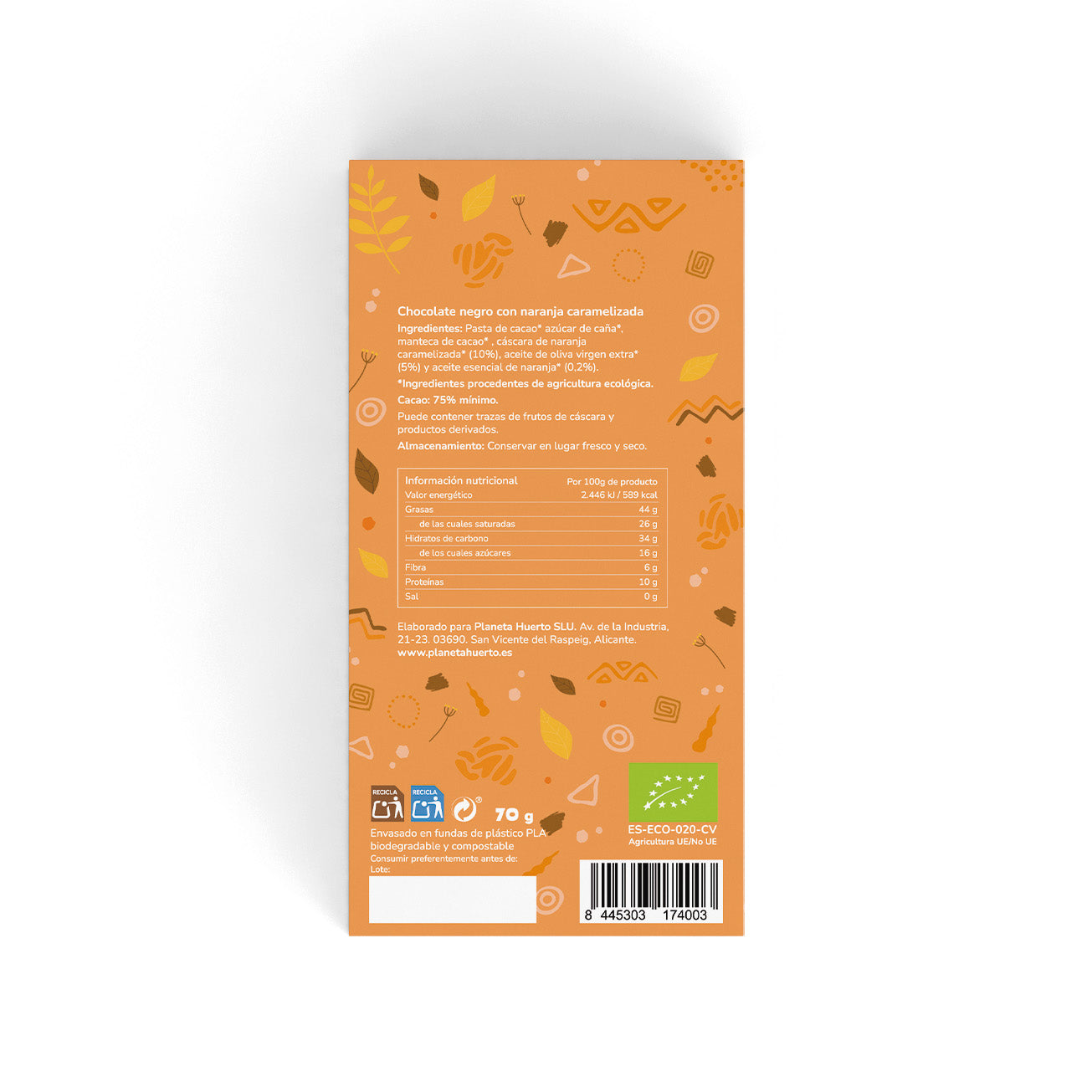 Dark chocolate bar 75% with caramelised orange ECO Planeta Huerto 70 g