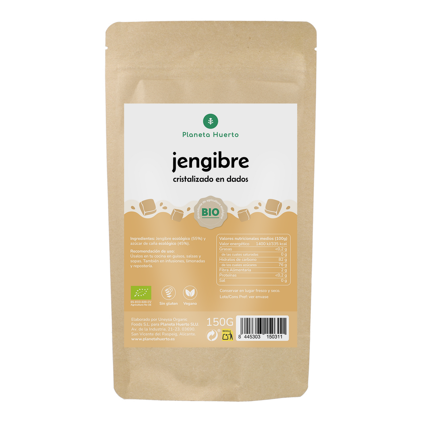 Tärningar av ekologisk kristalliserad ingefära Planeta Huerto 150 g