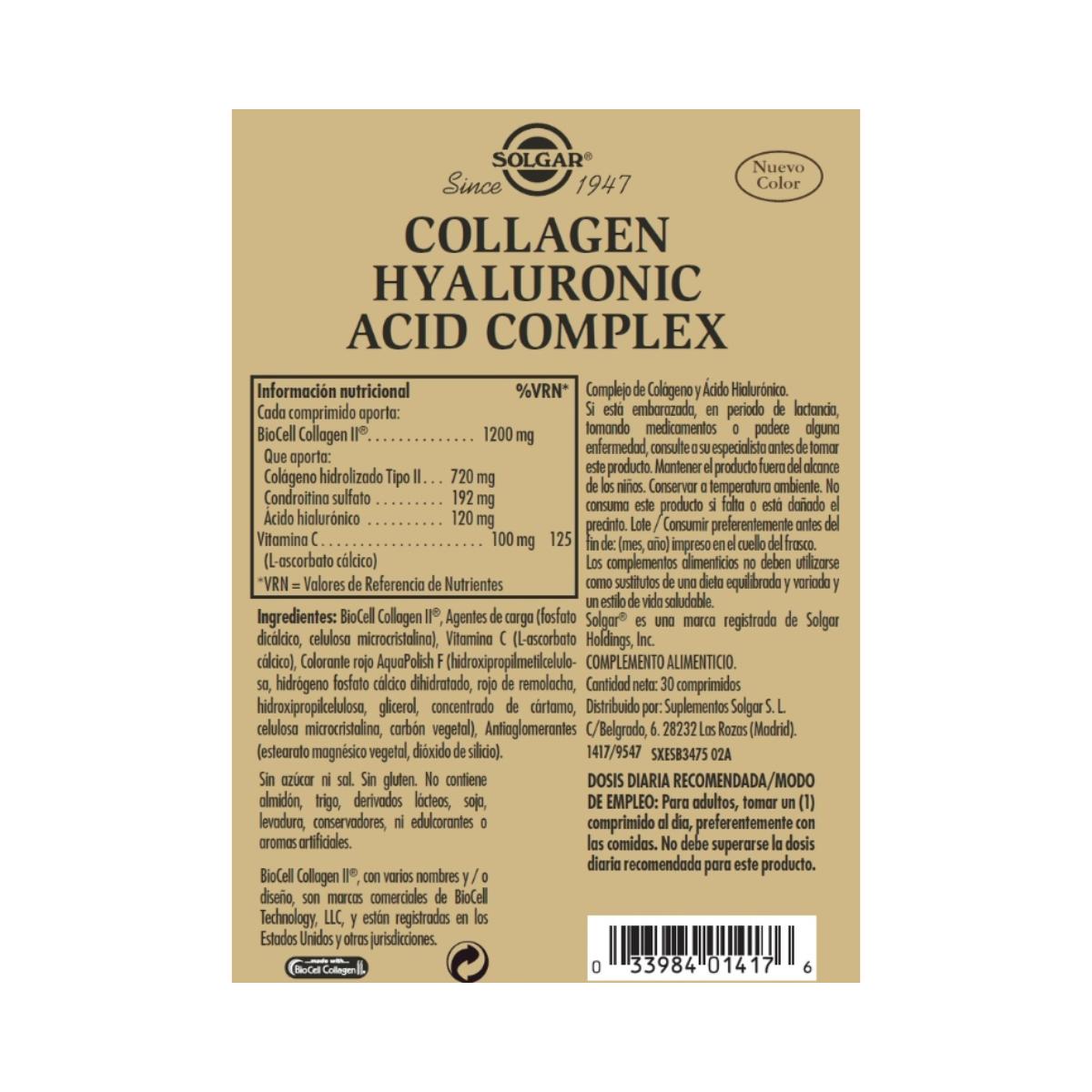 Complexe de collagène et d'acide hyaluronique 30 comprimés 120 mg - Solgar