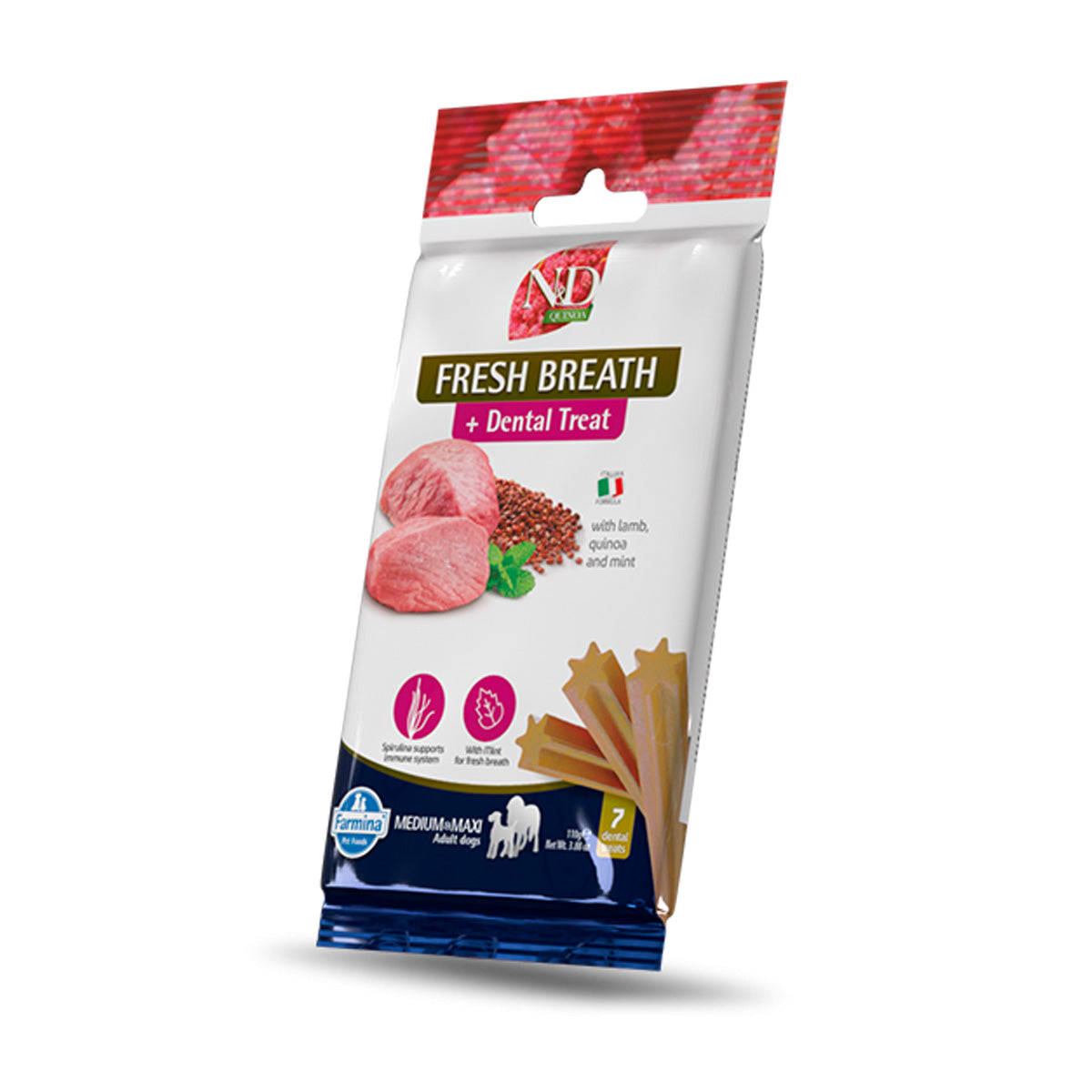 N&D Quinoa Canine Dental Treat Fresh Breath medelstora/stora raser 100 g 7 st