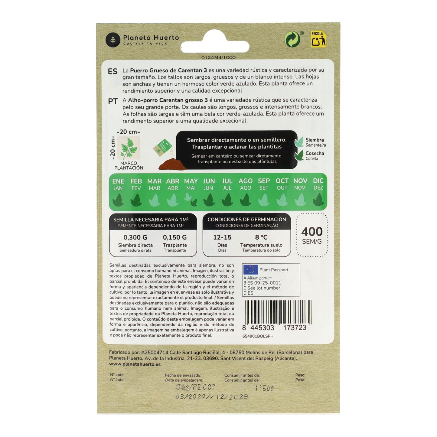 Semi biologici di porro grosso di Carentan Planeta Huerto