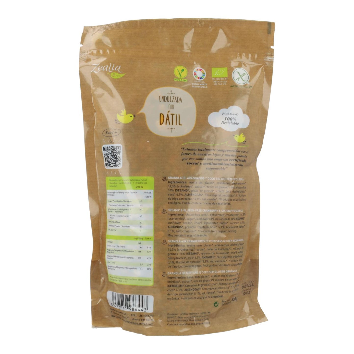 Granola aux myrtilles et à la noix de coco BIO sans gluten Zealia 300 g