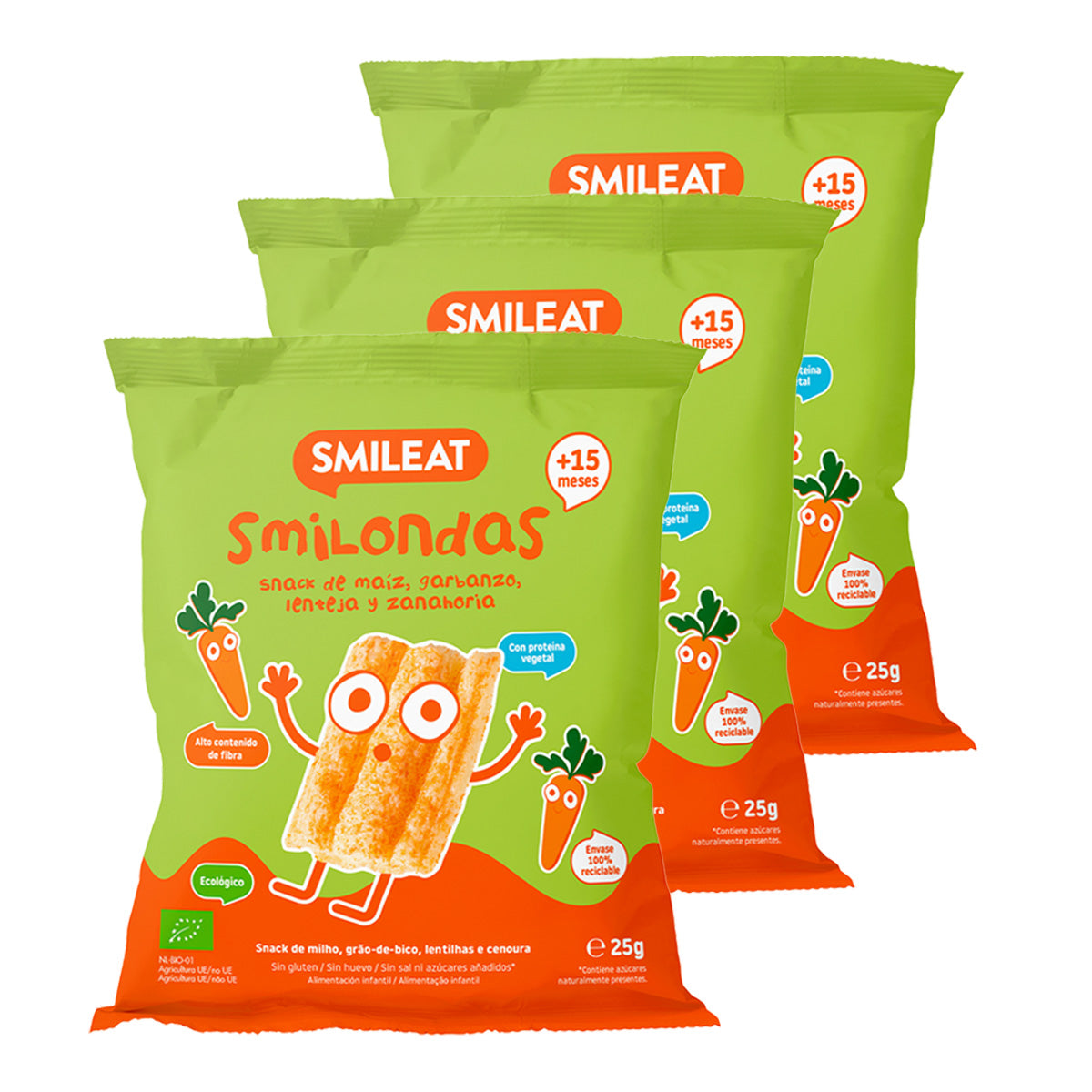 3er-Pack Smilondas Snack aus Mais, Kichererbsen, Linsen und Bio-Karotten, Smileat, 25 g