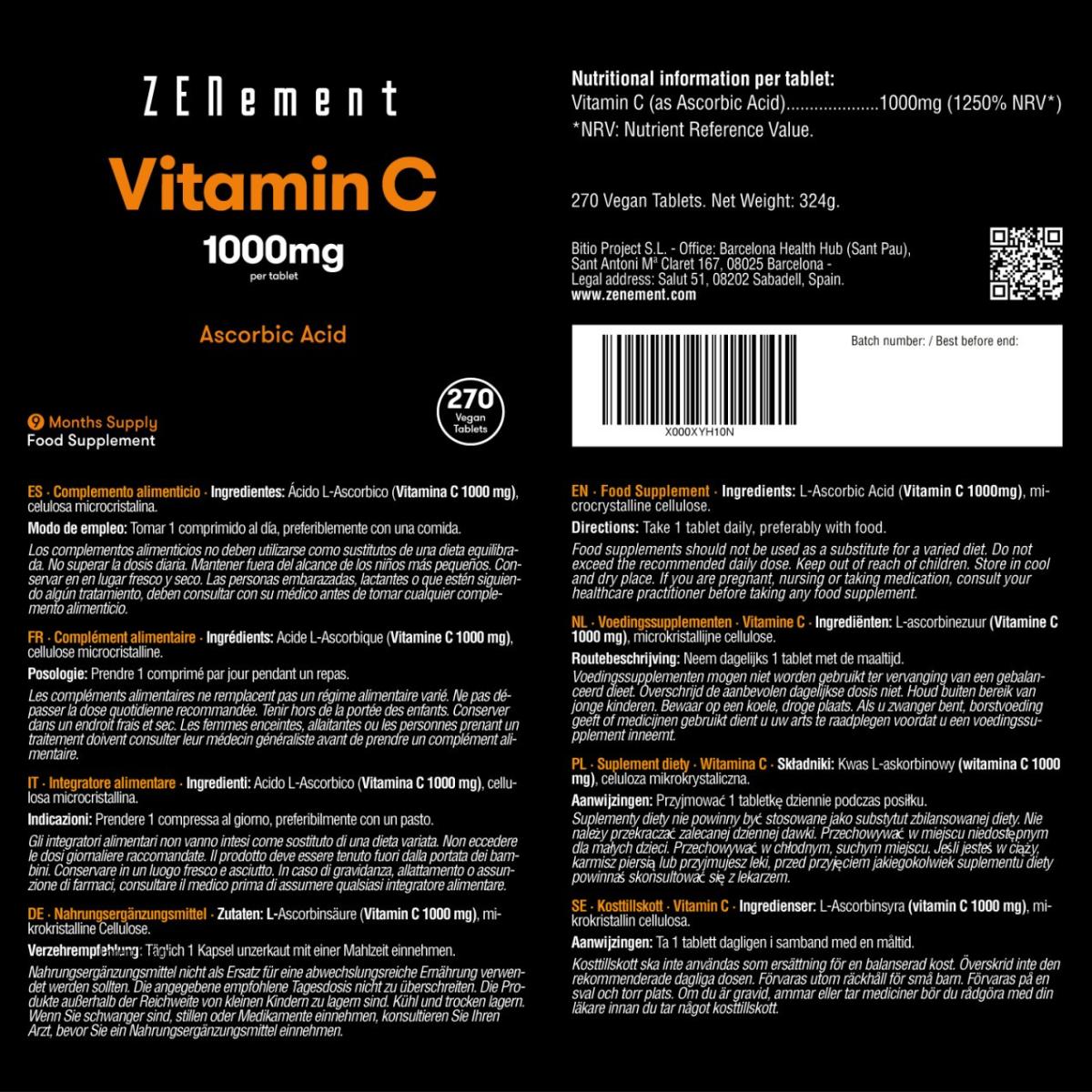 Vitamin C, 1000 mg Zenement, 270 Tabletten