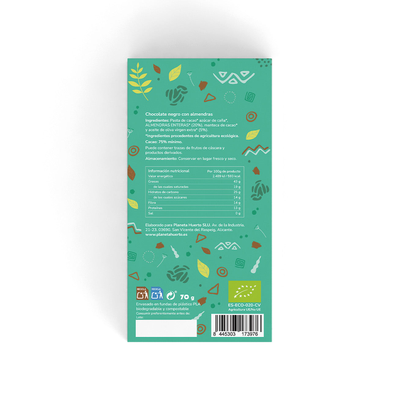 Tavoletta di cioccolato fondente 75% con mandorle ECO Planeta Huerto 70 g