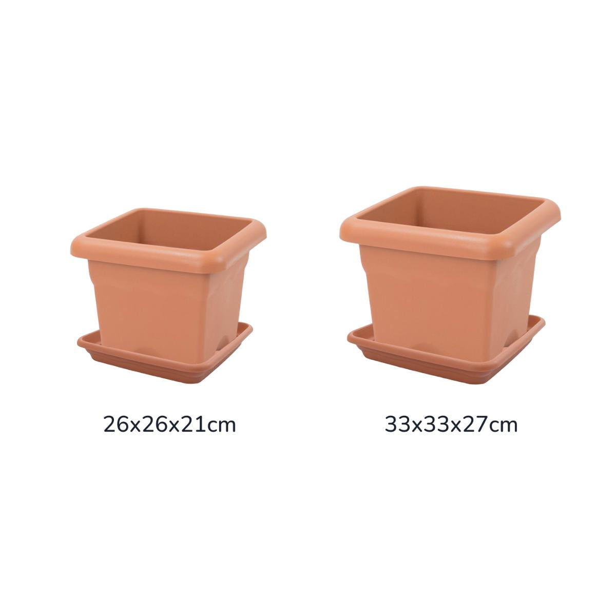 Terra square terracotta pot with saucer, 26 x 26 x 21 cm