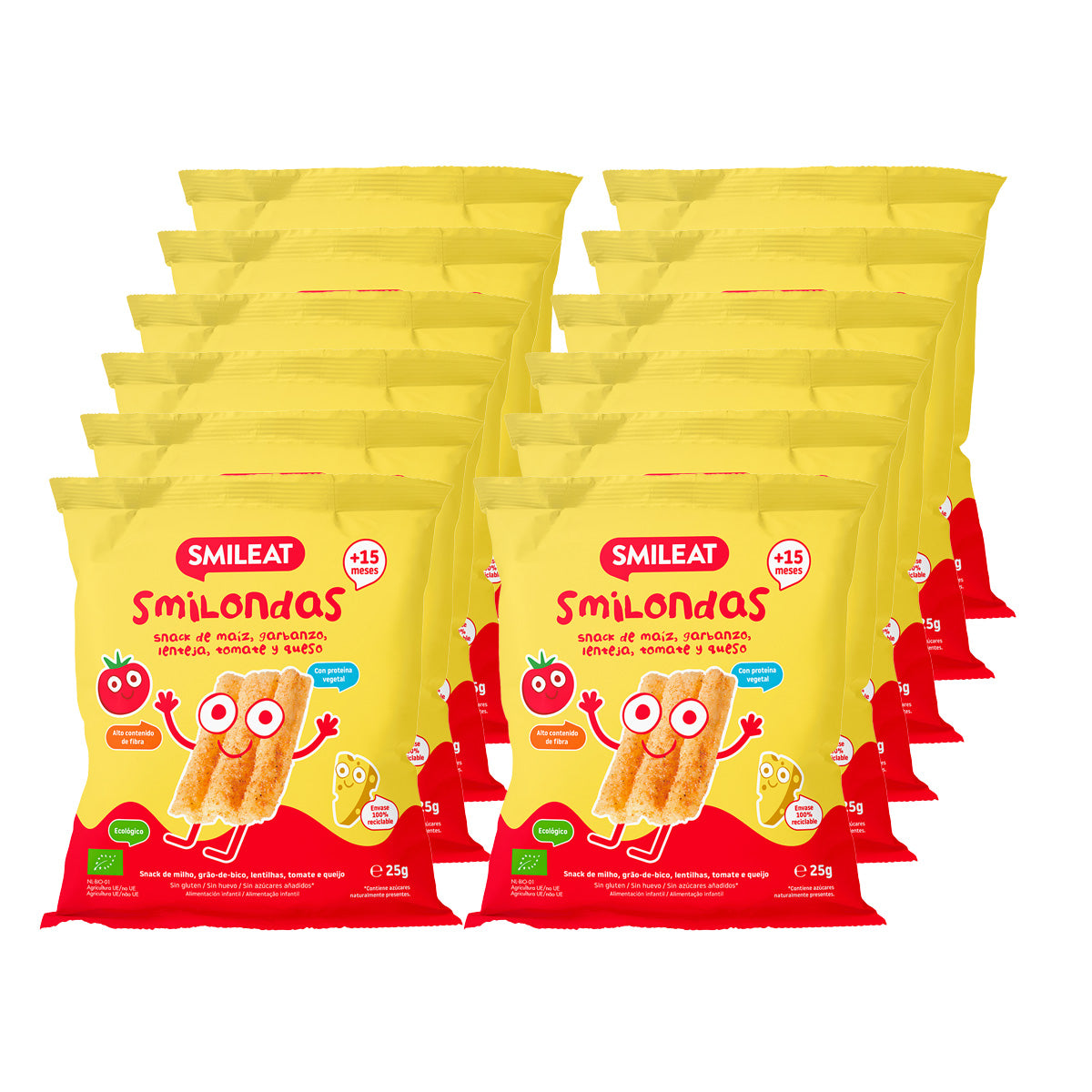 12er-Pack Smilondas Snack aus Mais, Kichererbsen, Linsen, Tomaten und Bio-Käse, Smileat, 25 g
