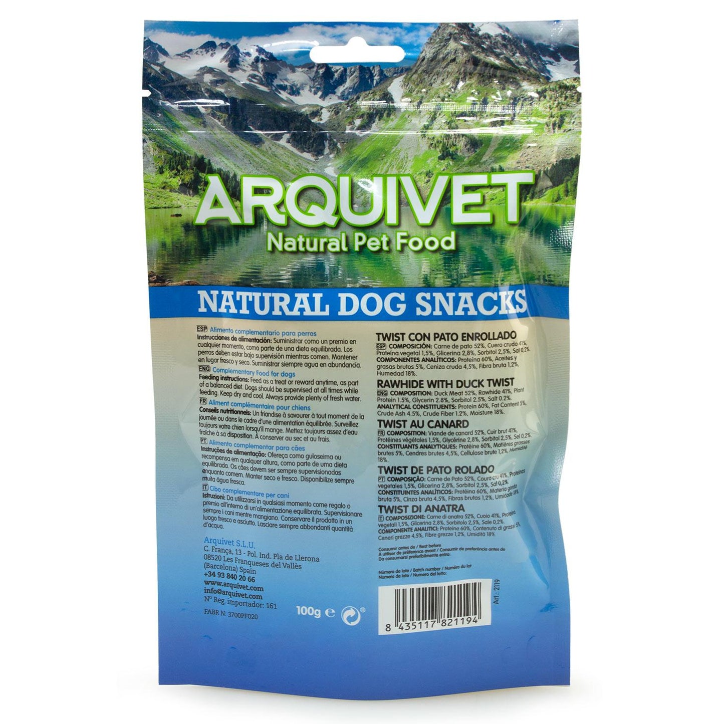 Natürlicher Snack für Hunde Enten-Twist Arquivet 13 cm 100 g