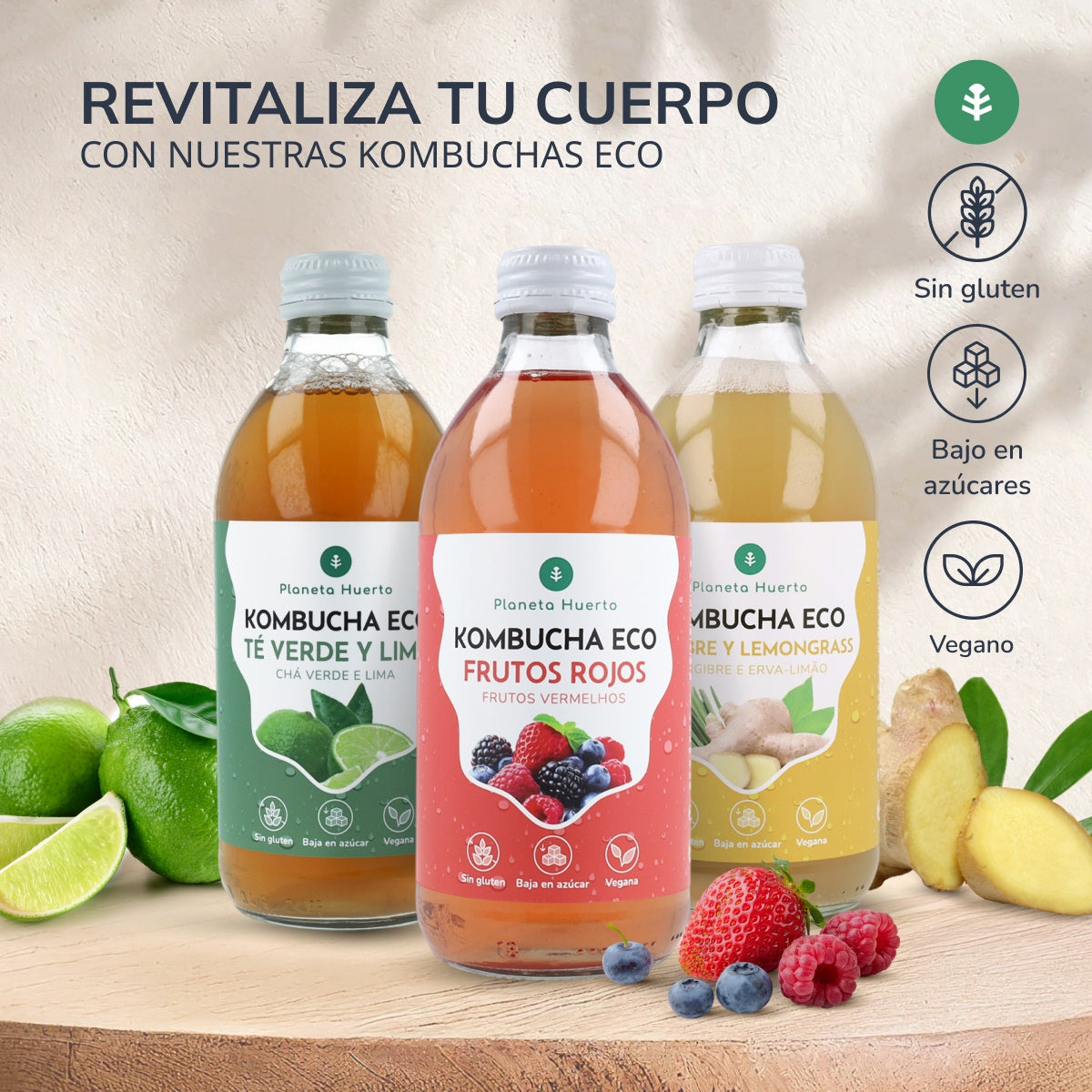 Pack of 12 Planeta Huerto organic green tea and lime kombucha 330 ml