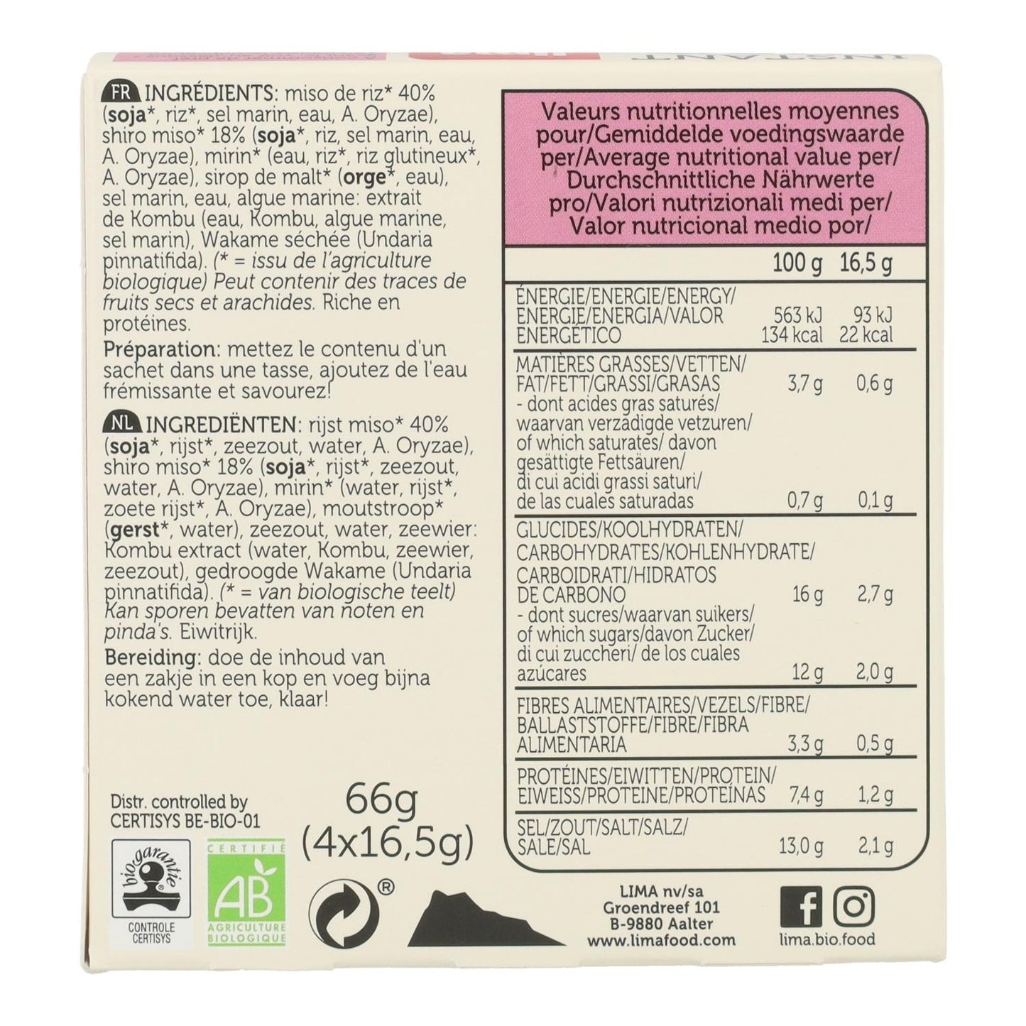 Soupe instantanée Shiro Organic White Miso au citron vert, 4 x 16,5 g