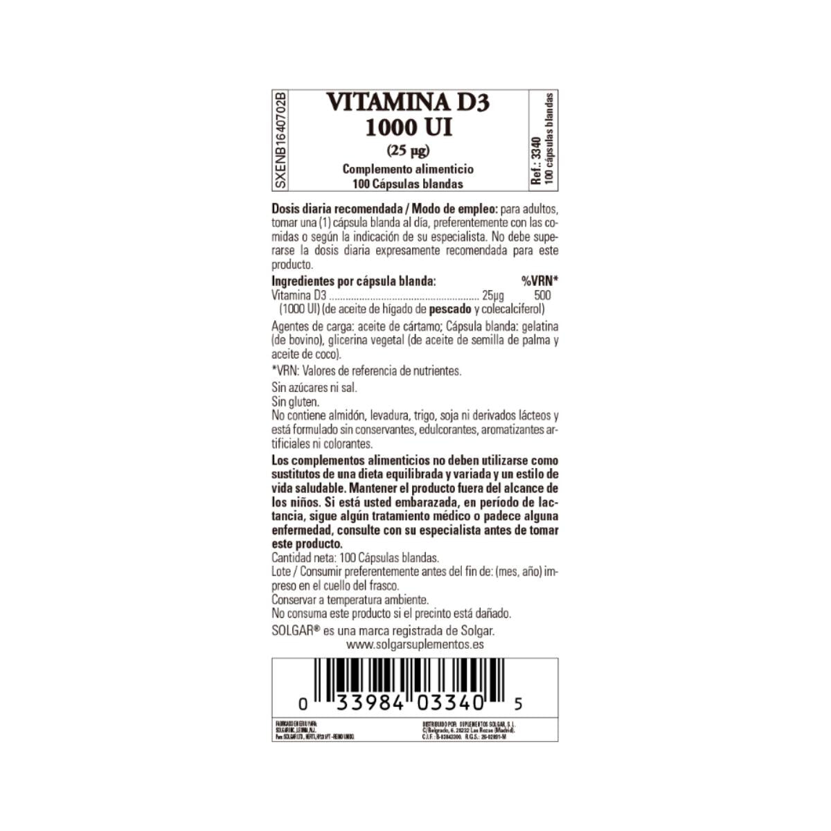 Vitamin D3 1000 IU, 100 capsules of 25μg
