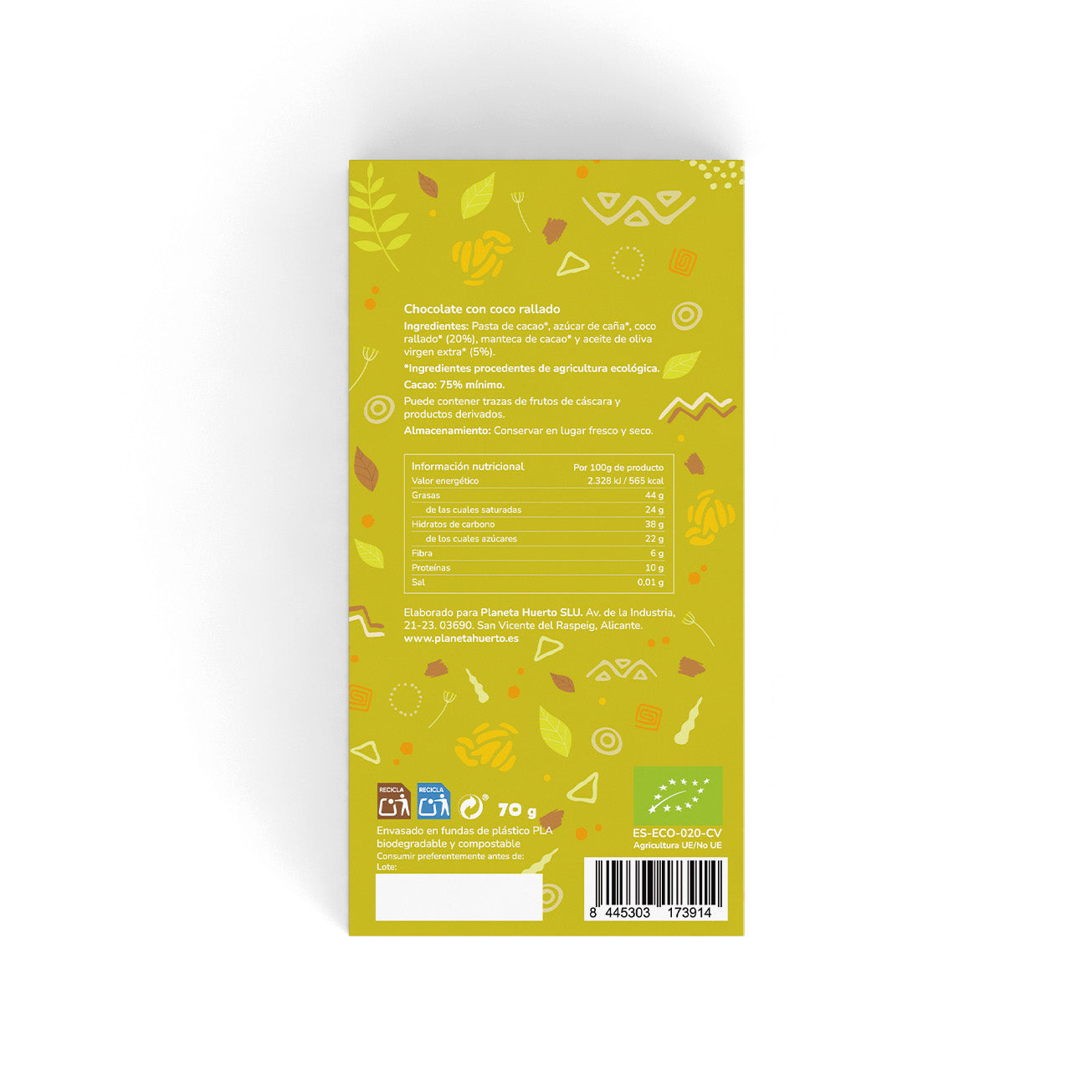 75%ige Schokoladentafel mit Kokosraspeln ECO Planeta Huerto 70 g