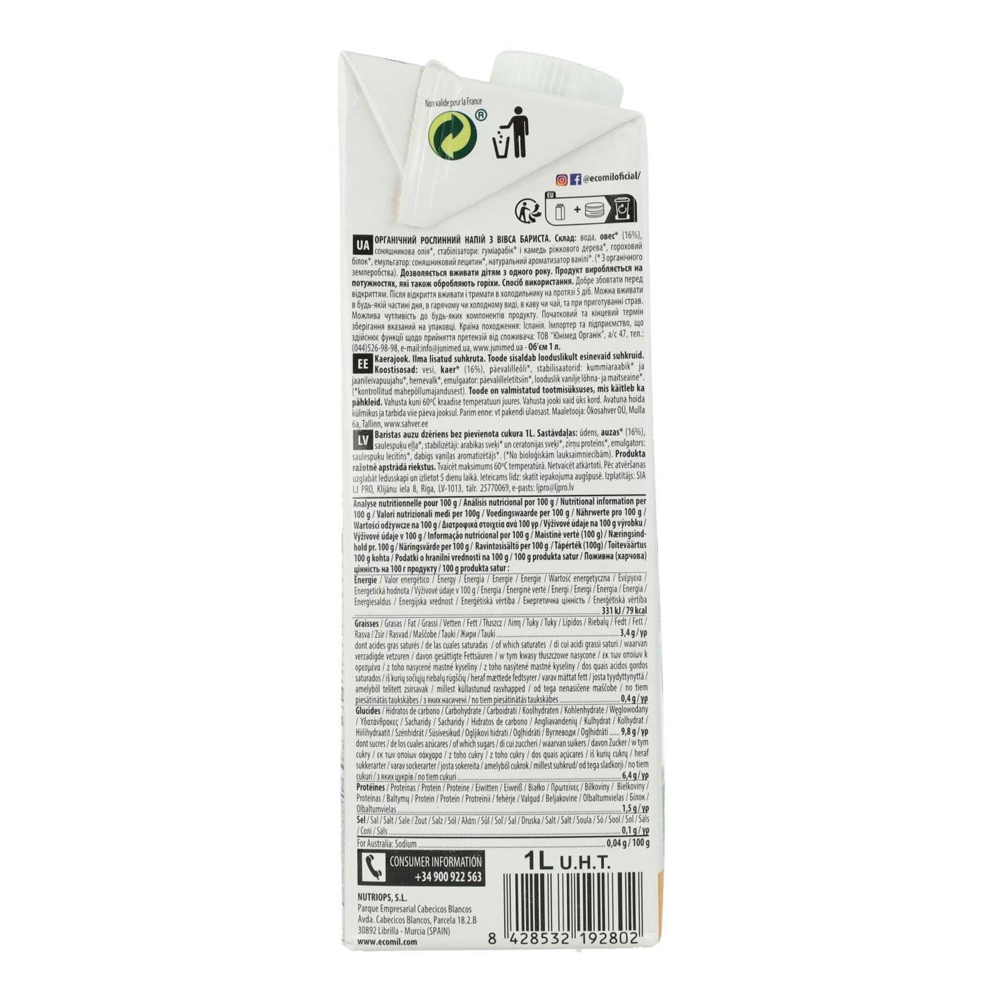 Napój roślinny Barista Owsiany BIO EcoMil 1 l