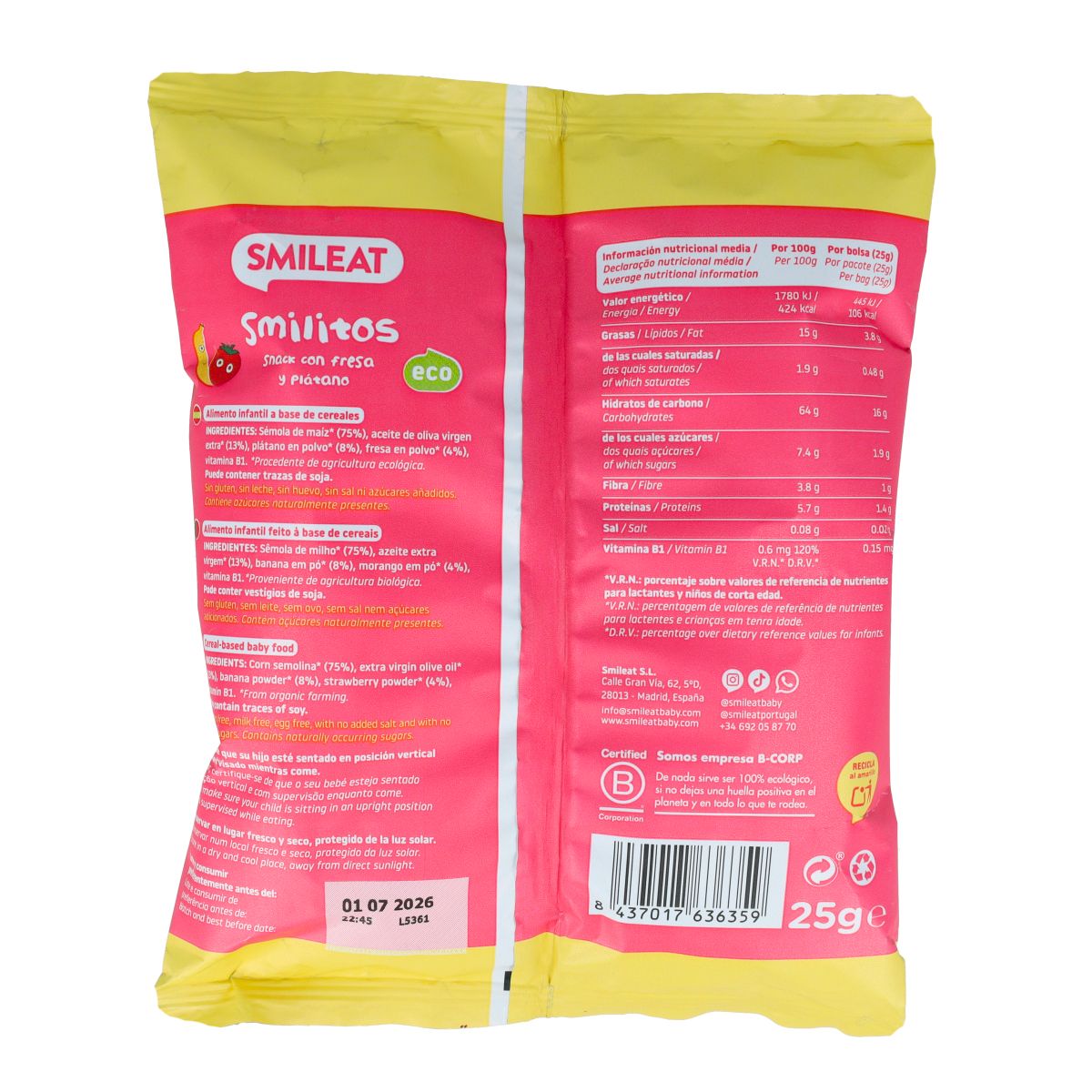 Smilitos Gusanitos alla fragola e banana ECO Smileat 25 g