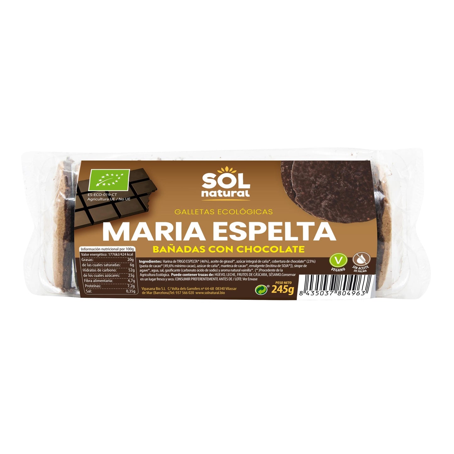 Galletas Maria de Espelta bañadas con Chocolate Bio Sol Natural 245 g