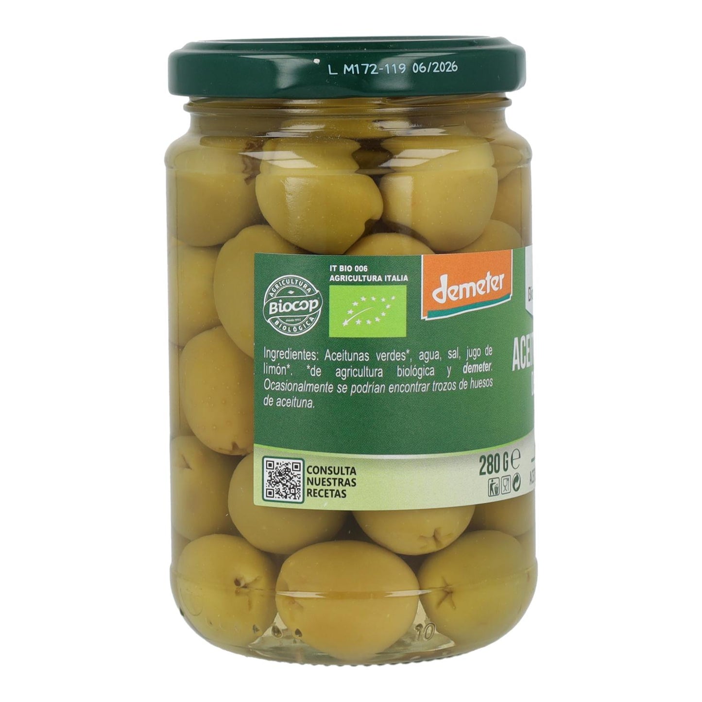 Aceitunas Verdes Deshuesada Bio Organica Italia 280 gr