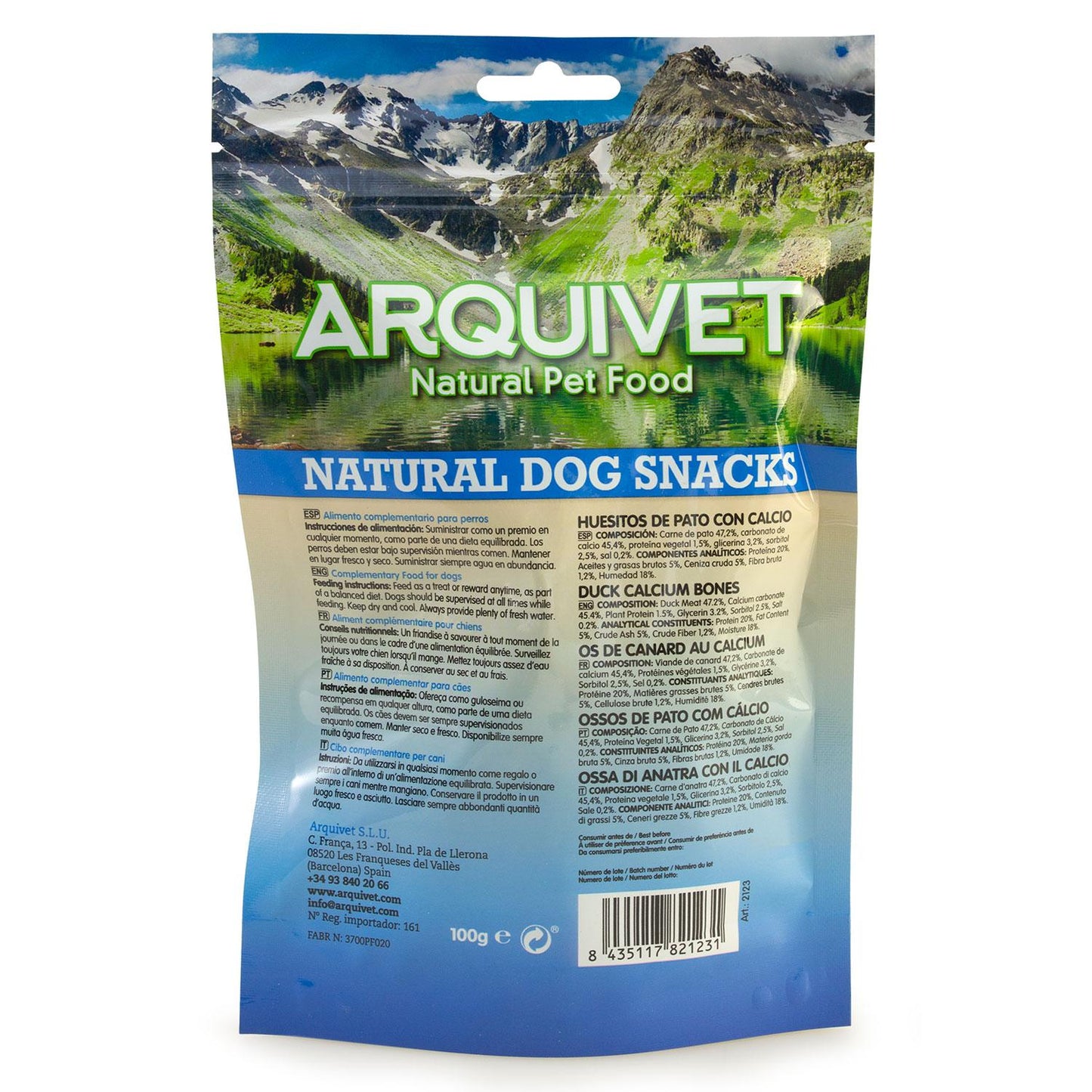 Snack naturel pour chiens Os de canard au calcium Arquivet 100 g