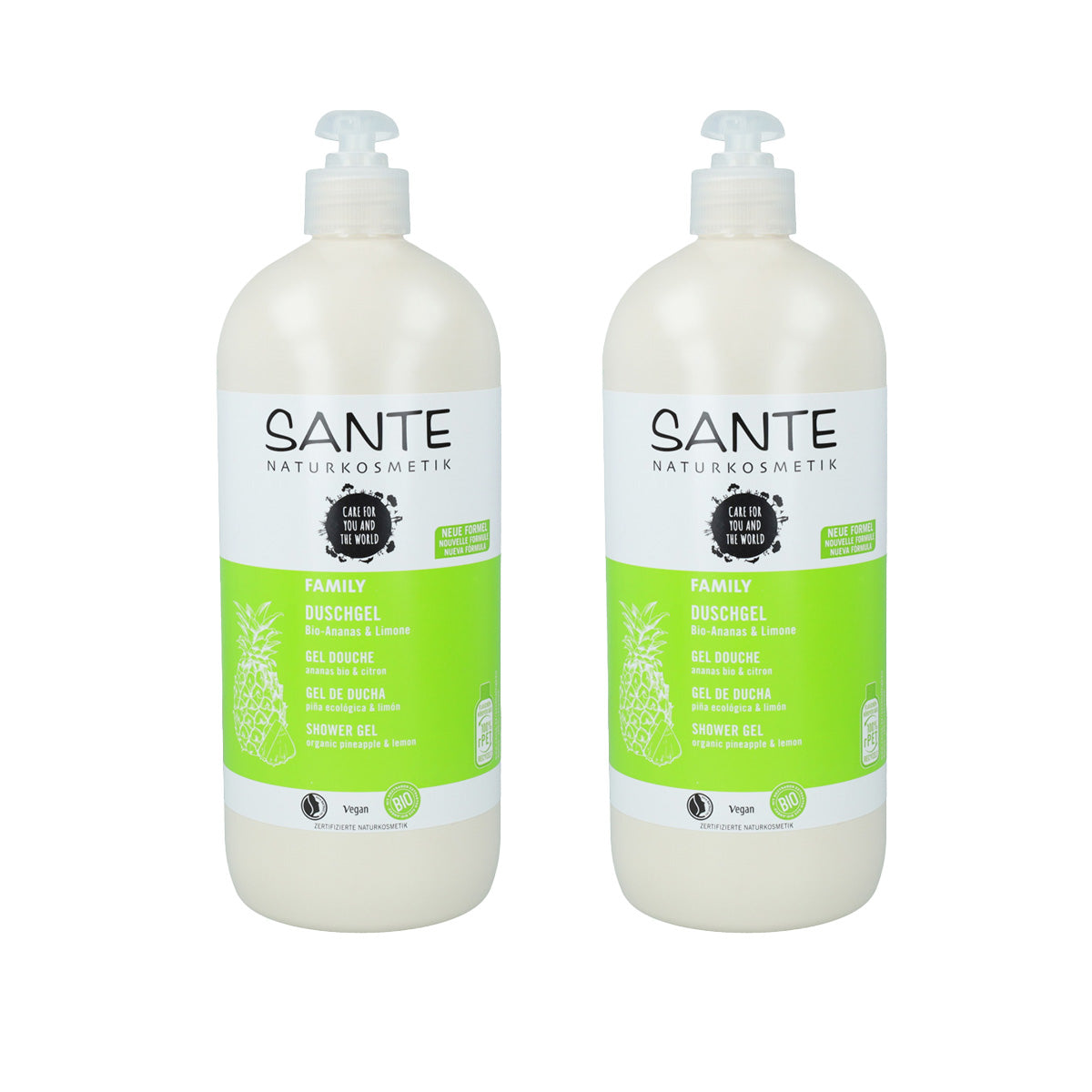 Lot de 2 gels douche bio ananas et citron Sante, 950 ml