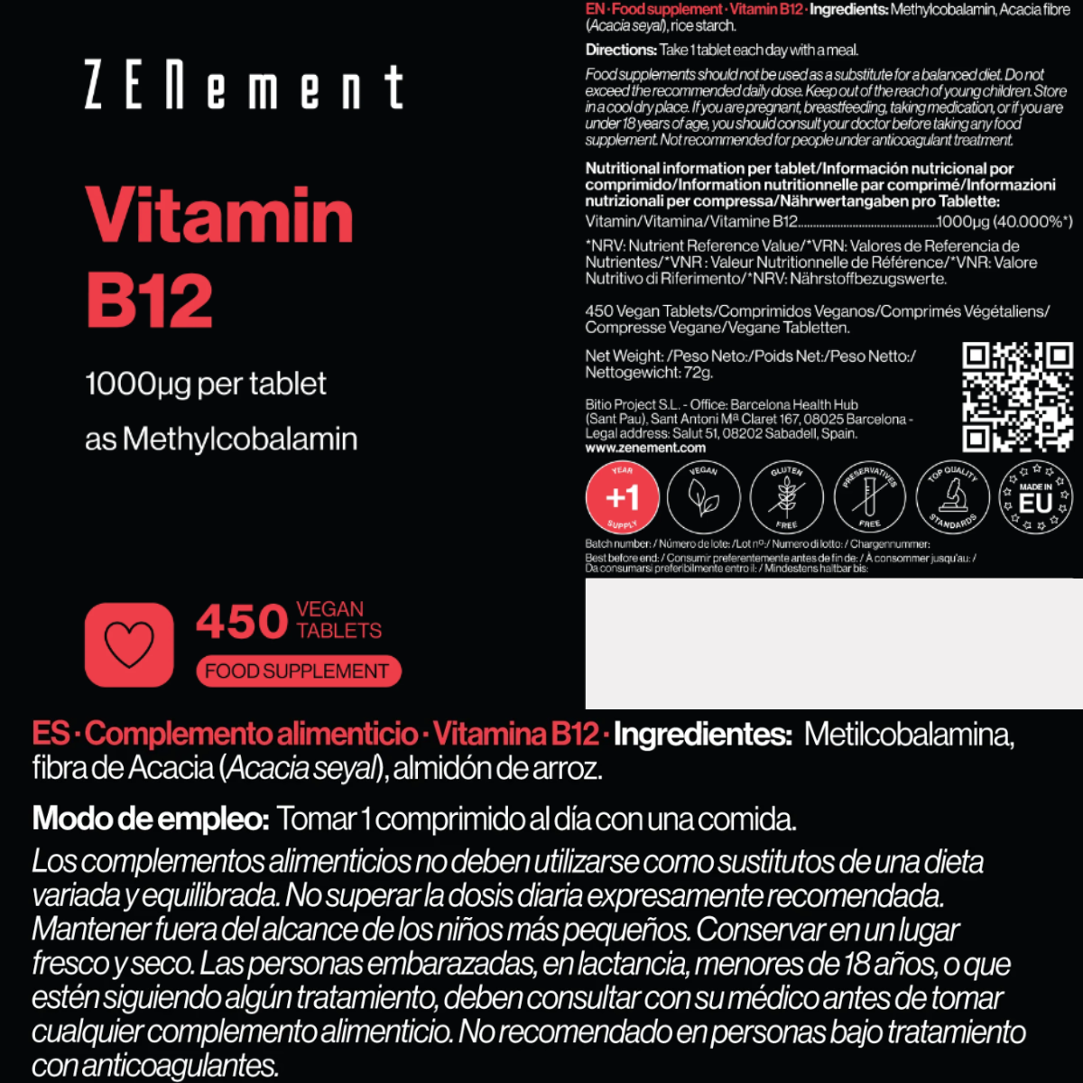 Vitamin B12 1000 mcg Zenement 450 vegane Tabletten