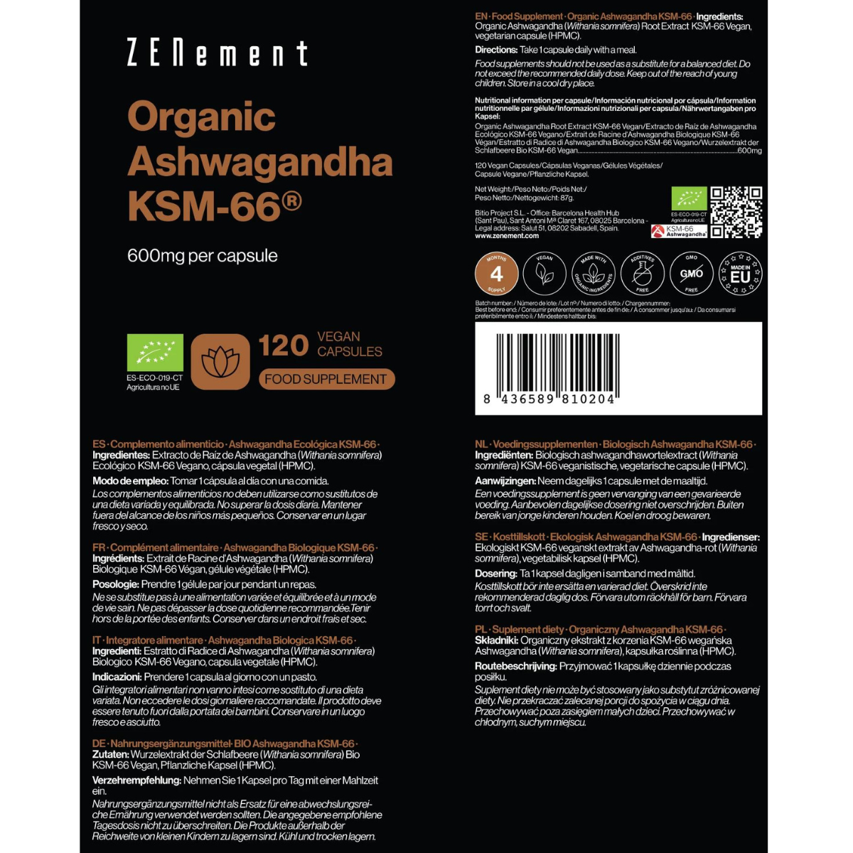 Ashwagandha ECO KSM-66 vegan Zenement 120 Tabletten