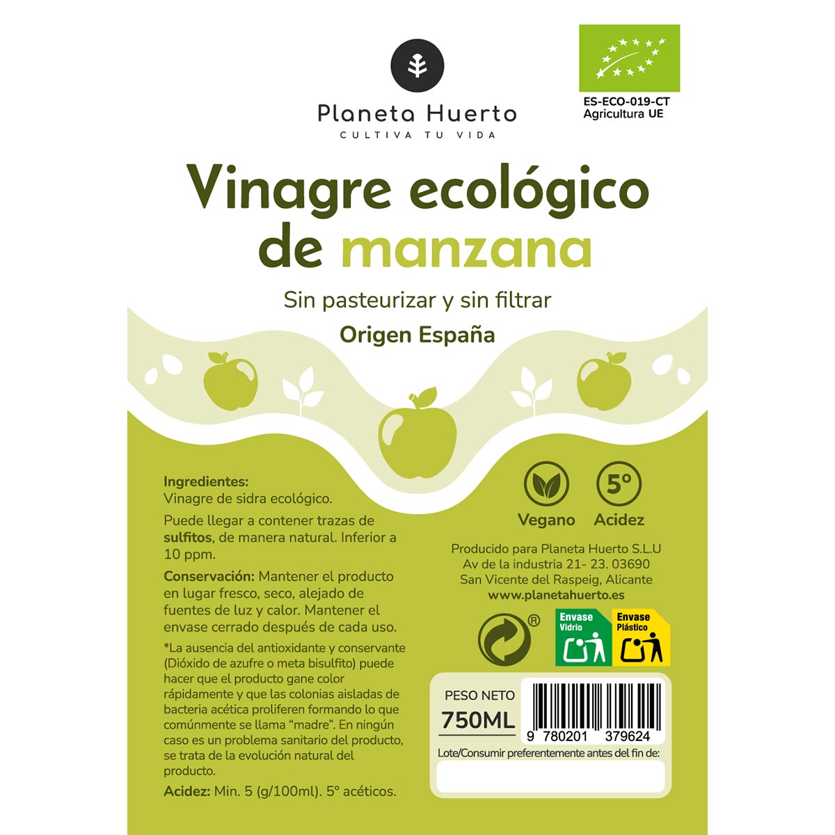 Confezione 3x Aceto di mele ECO non filtrato Planeta Huerto 750 ml