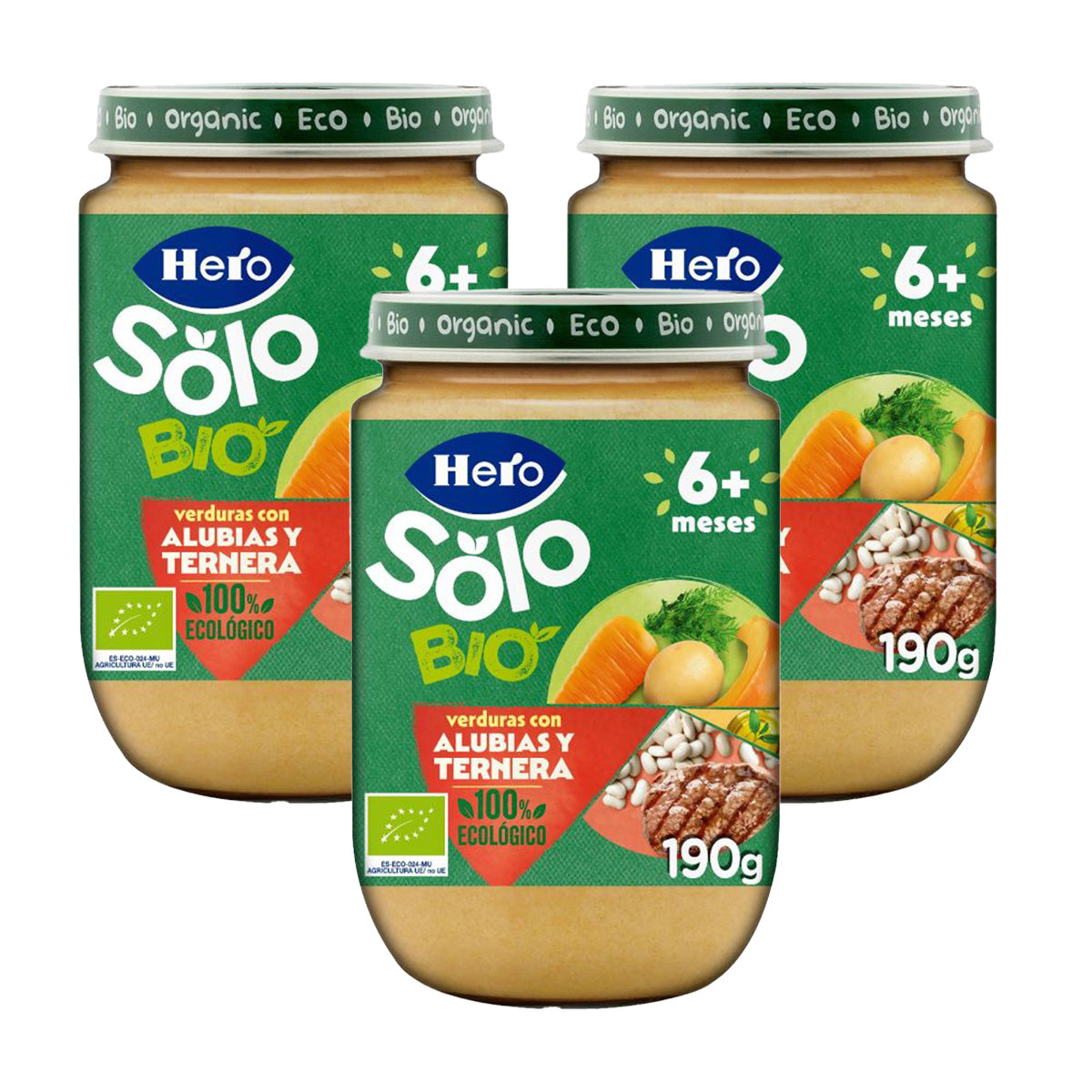 Confezione da 3 vasetti di fagioli e manzo Eco +6 mesi, Hero Baby SOLO, 190 g