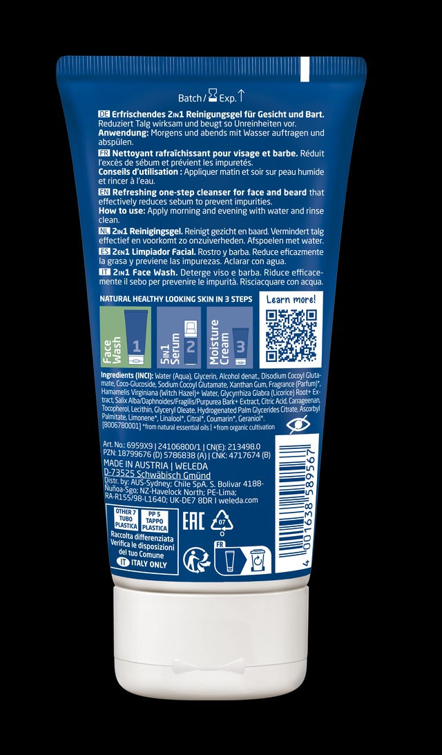 Gel detergente 2 in 1 viso e barba per uomo Weleda, 100 ml.