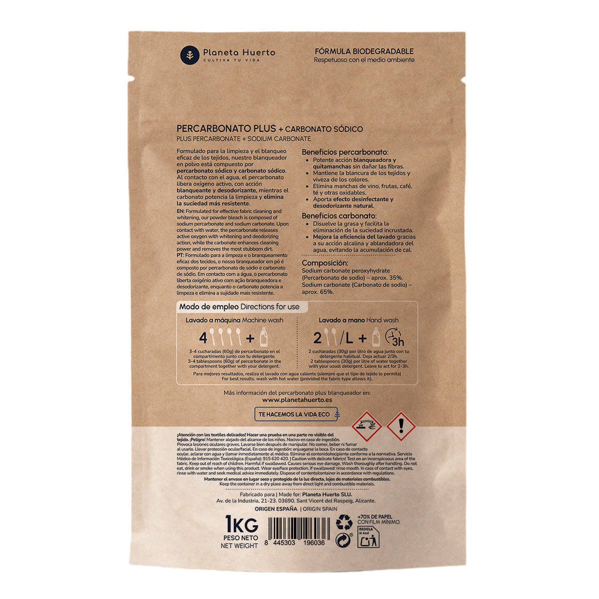 Percarbonato Plus sbiancante speciale per bucato Planeta Huerto 1 Kg
