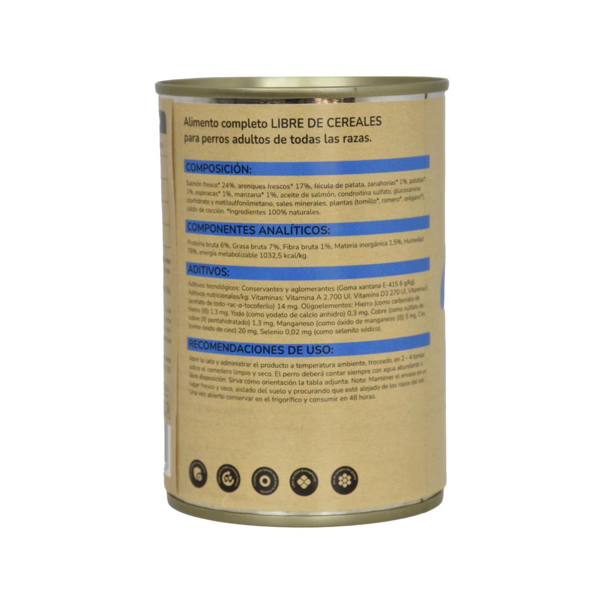Confezione 12 x Cibo umido per cani Superpremium senza cereali Salmone 380 g Planeta Huerto