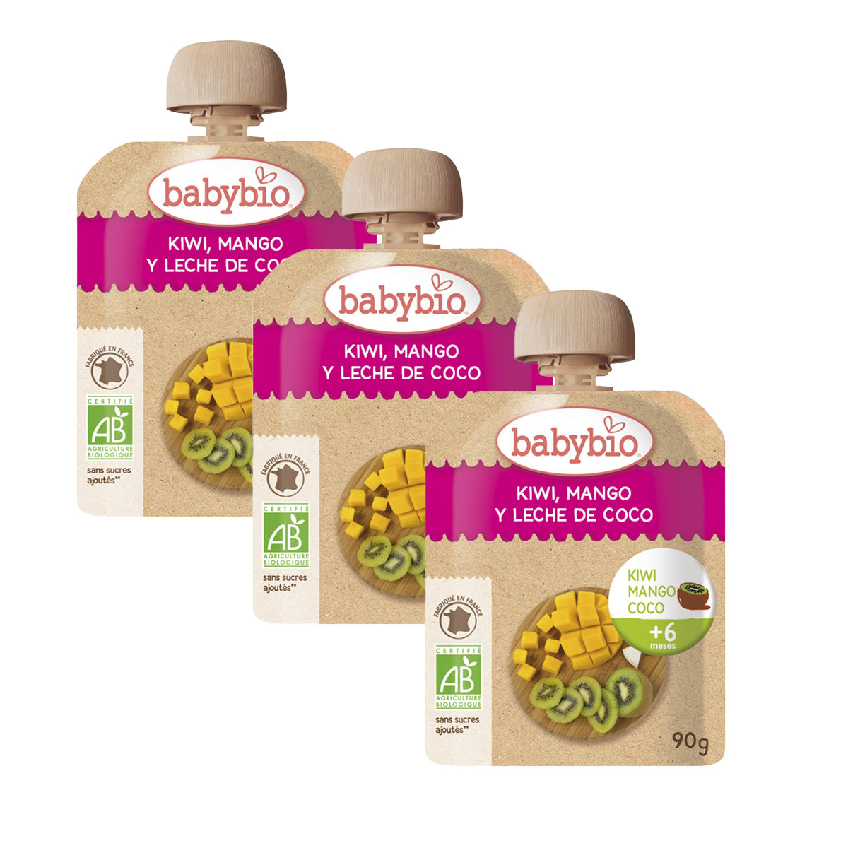 Confezione da 3 bustine di frutta: kiwi, mango e bevanda al cocco, Babybio, 90 g
