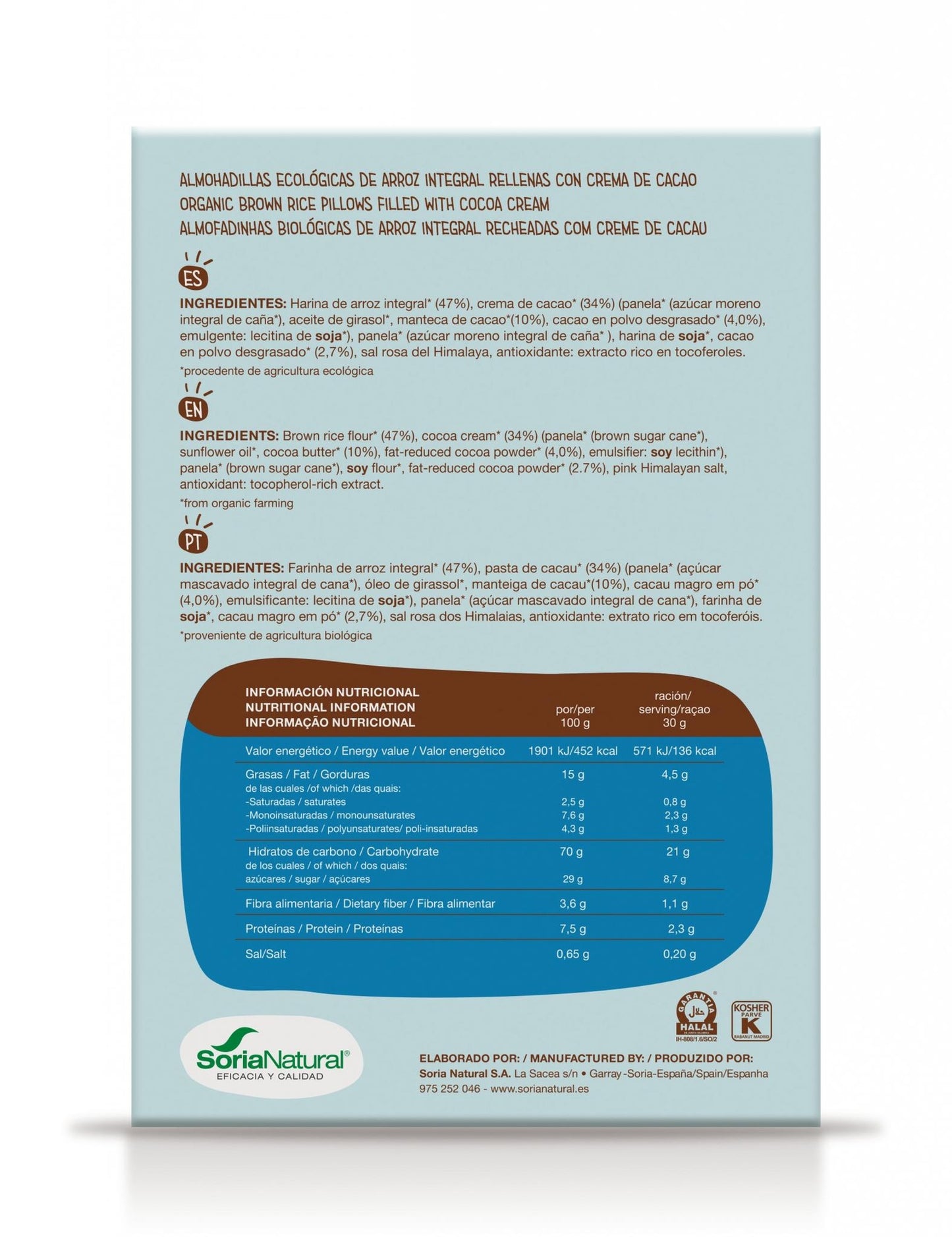 Braunreis-Kissen gefüllt mit Kakaocreme Soria Natural 375 g