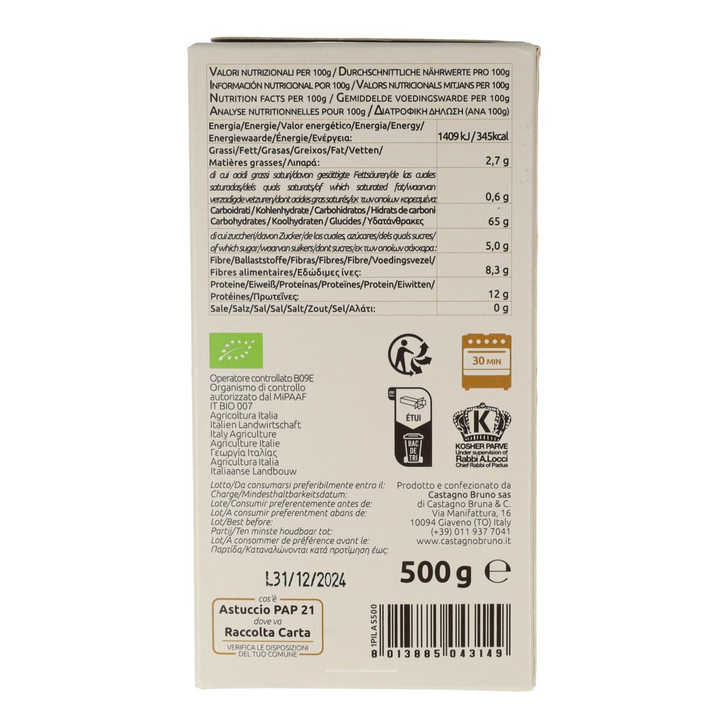 Lasagneplattor av fullkornsvete ECO Castagno 500 g
