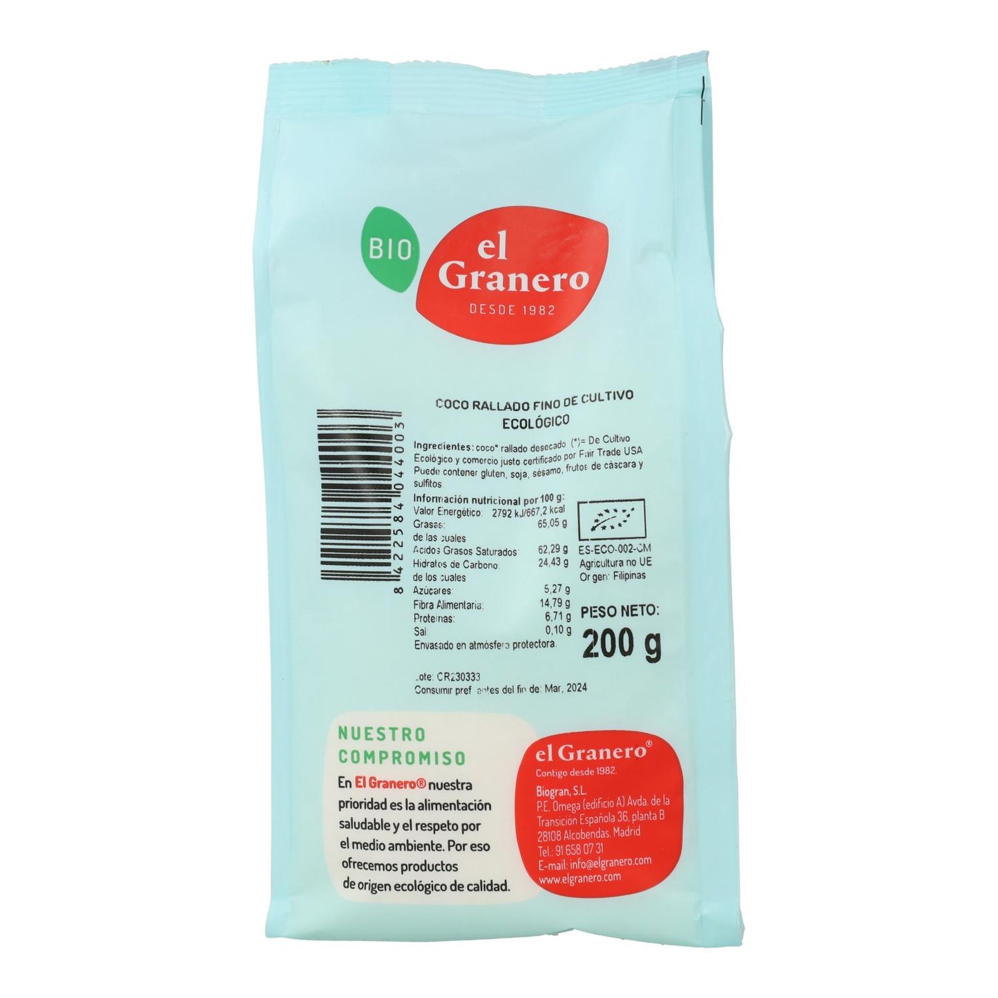 Fijngeraspte kokos Bio El Granero, 200 g