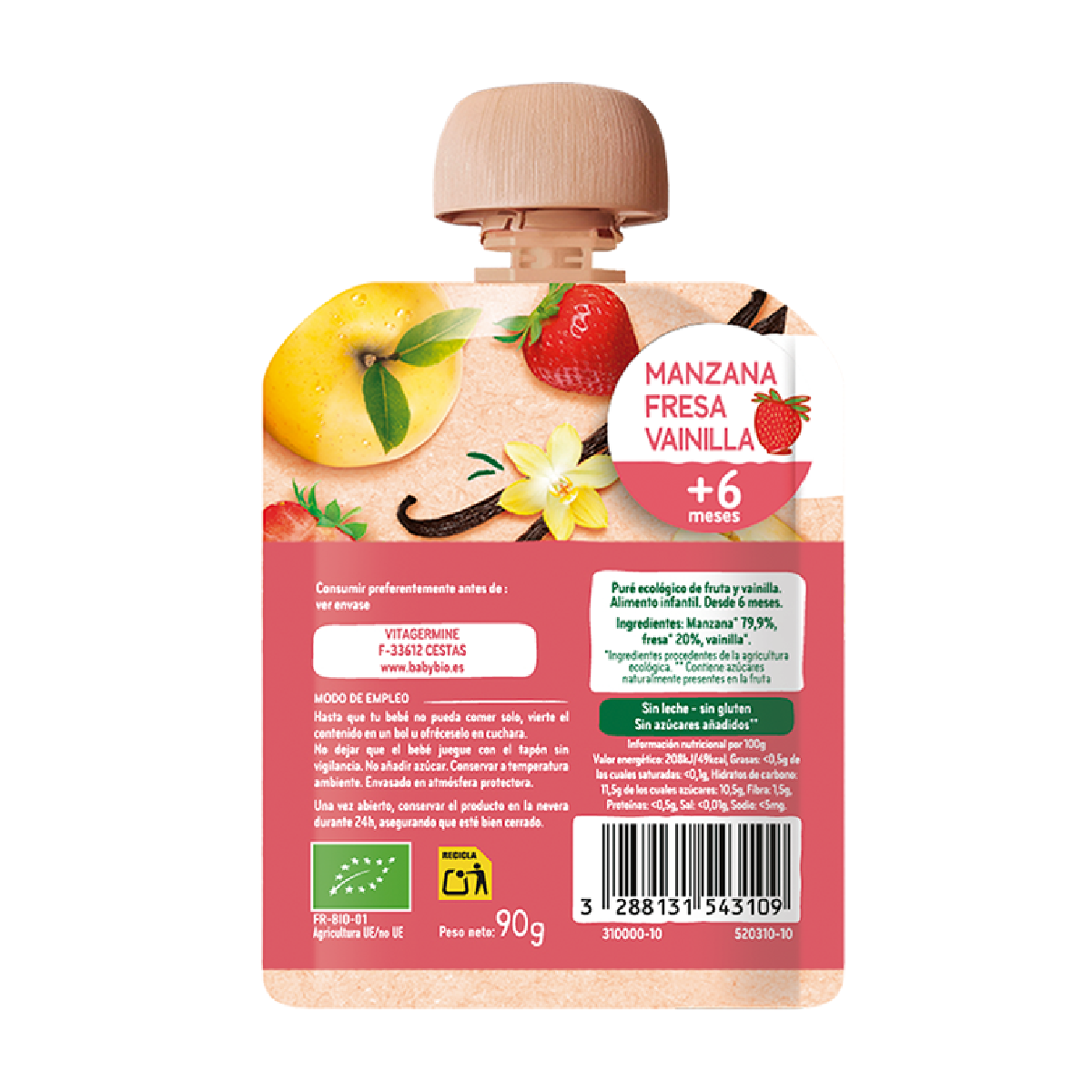 Påse med äpple, jordgubb och vanilj (från 6 månader) babybio 90 g