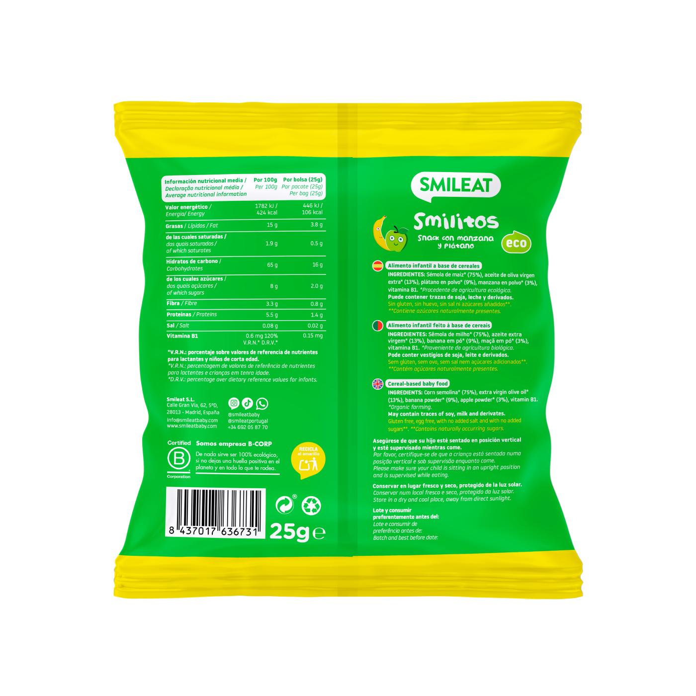 Pack of 3 Apple and Banana Smilitos Smileat 25 g
