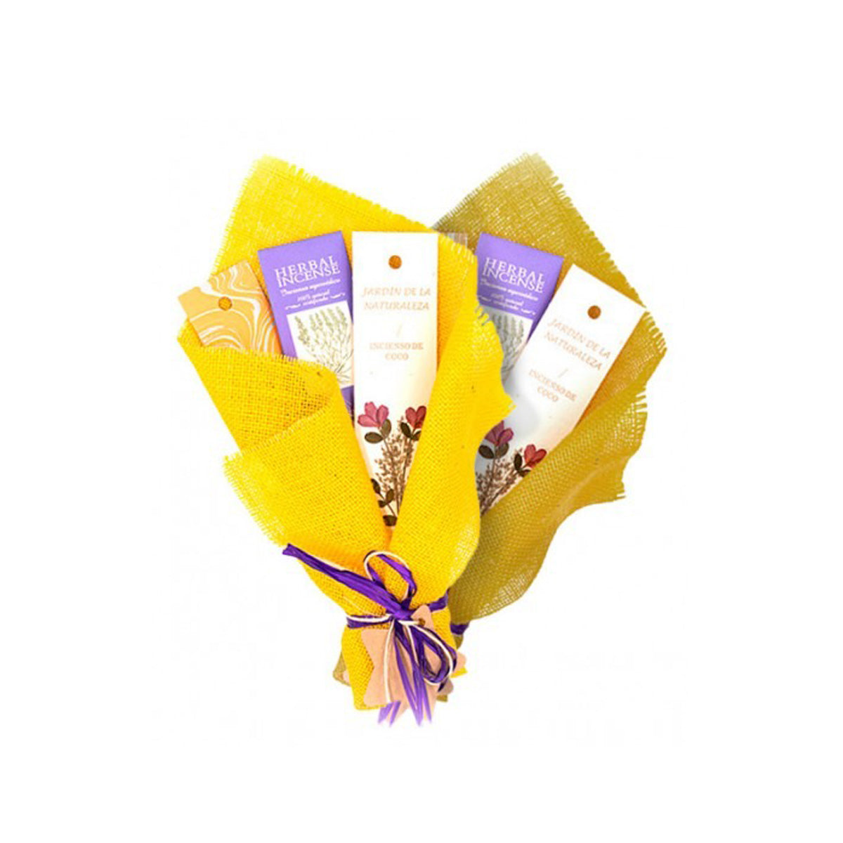 Bouquet jaune avec 3 encens : JN Coco, BioAroma Lavande, Encens Myrrhe et petit encensoir