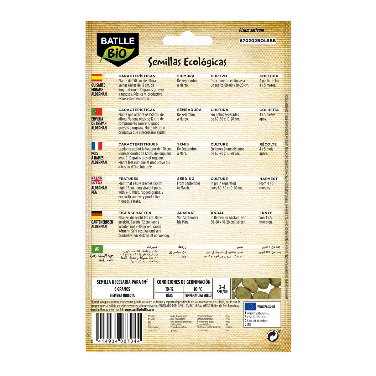 Graines de pois 1/2 tige Alderman écologiques Batlle