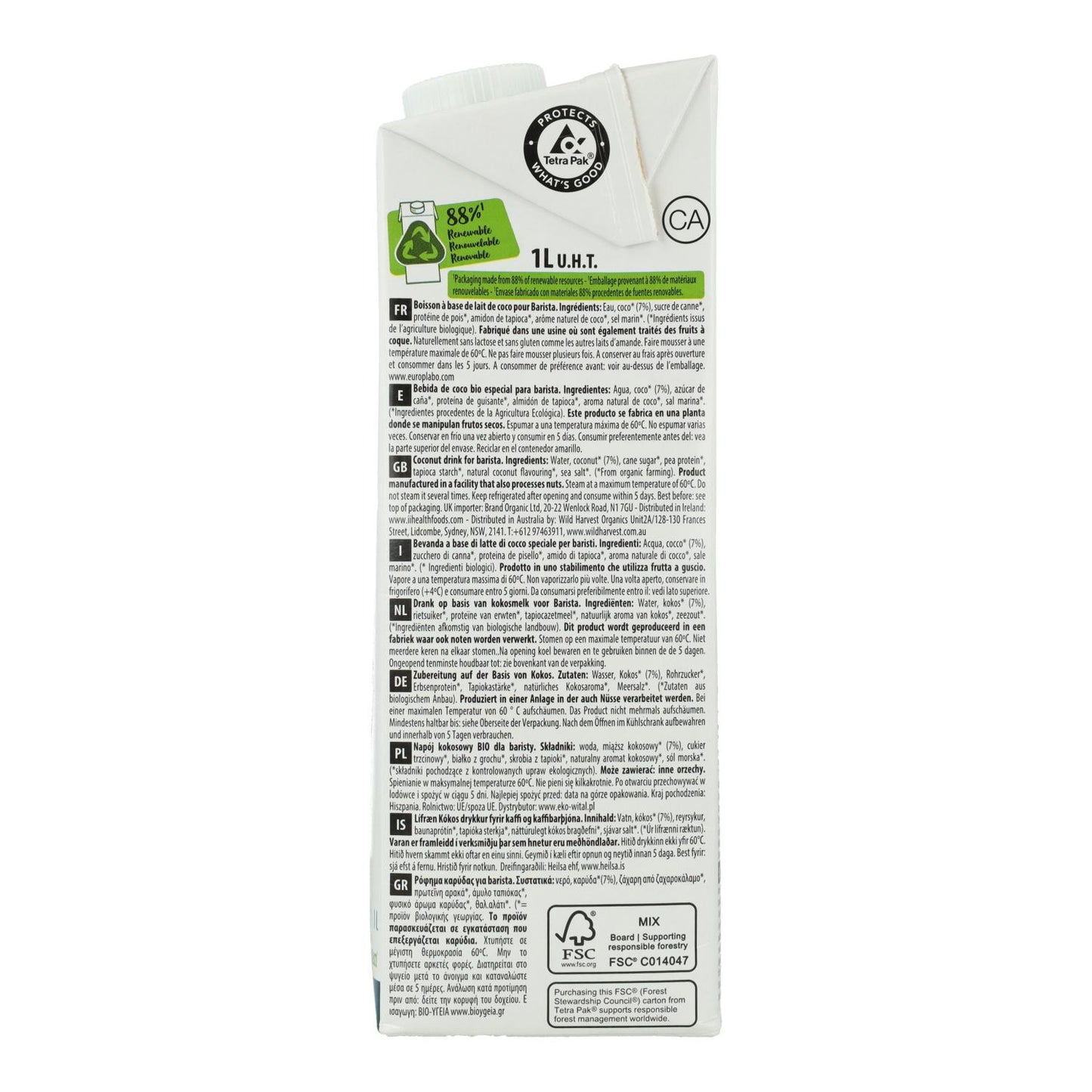 6er-Pack Bio-Kokosnuss-Getränk Barista BIO EcoMil 1 l