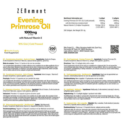 Nachtkerzenöl, 1000 mg pro Kapsel, 10 % GLA, kaltgepresst Zenement, 200 Tabletten