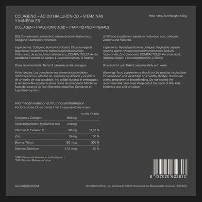 Ácido Hialurónico con Colágeno, Biotina, Vitaminas y Minerales Aldous 150 cápsulas