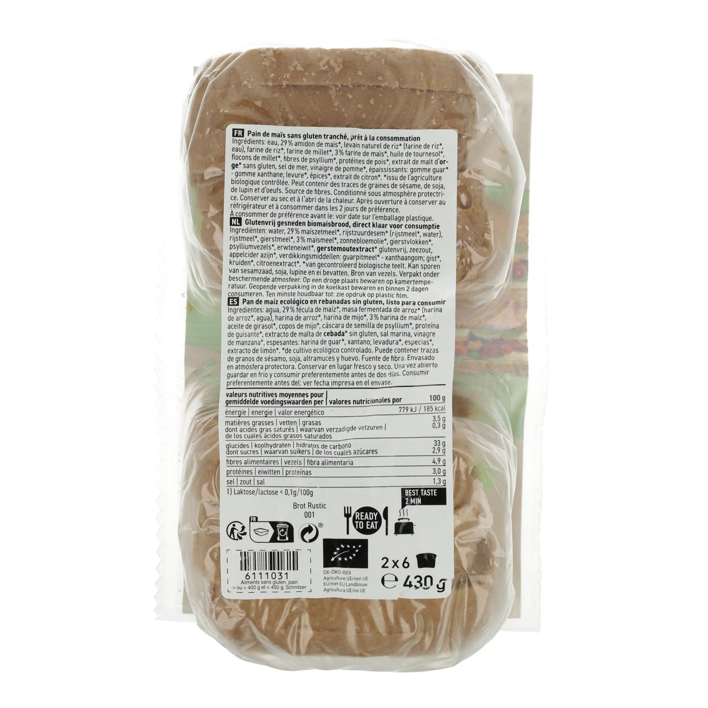 Pane in cassetta a fette di mais biologico senza glutine Schnitzer 430 g