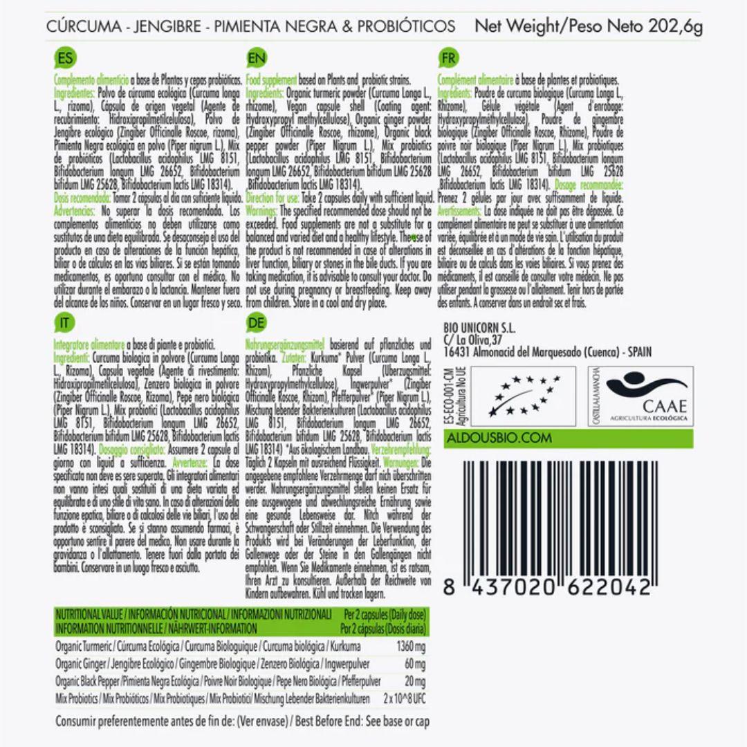 Ekologisk gurkmeja med ingefära, svartpeppar och probiotika, 250 kapslar. Aldous Bio